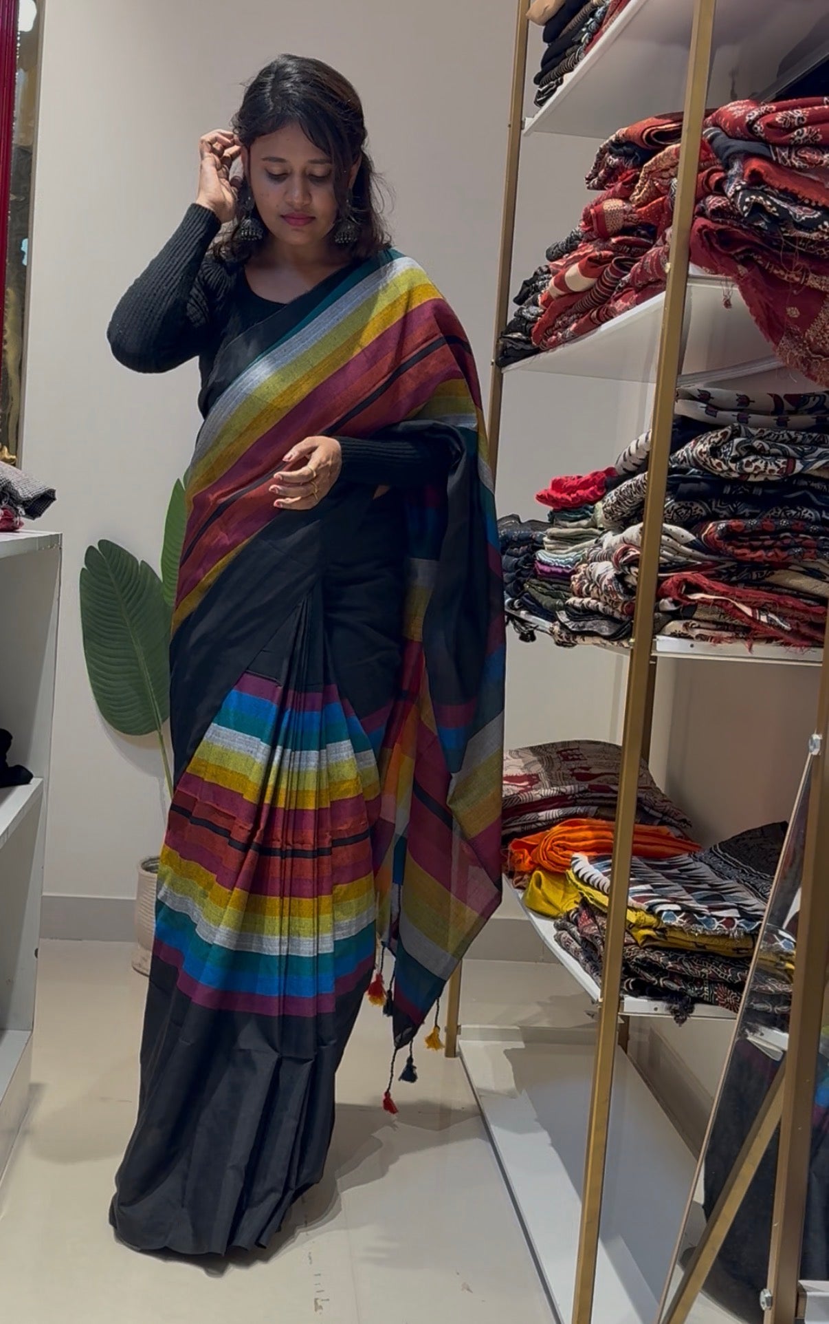 Black Rainbow Khadi Cotton With Long Tassels Saree