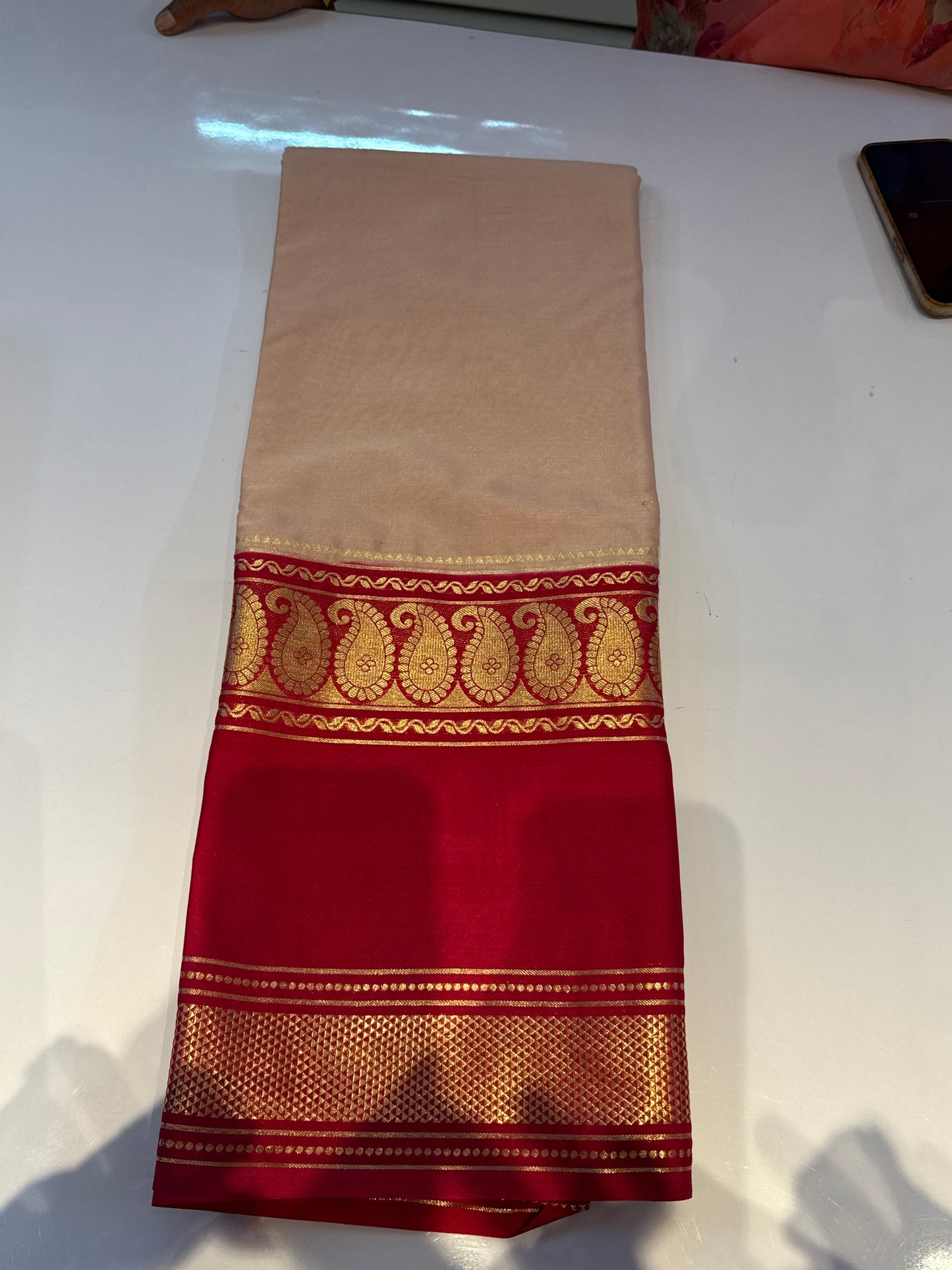 Peach with hot pink Semi crepe mango bentex border saree