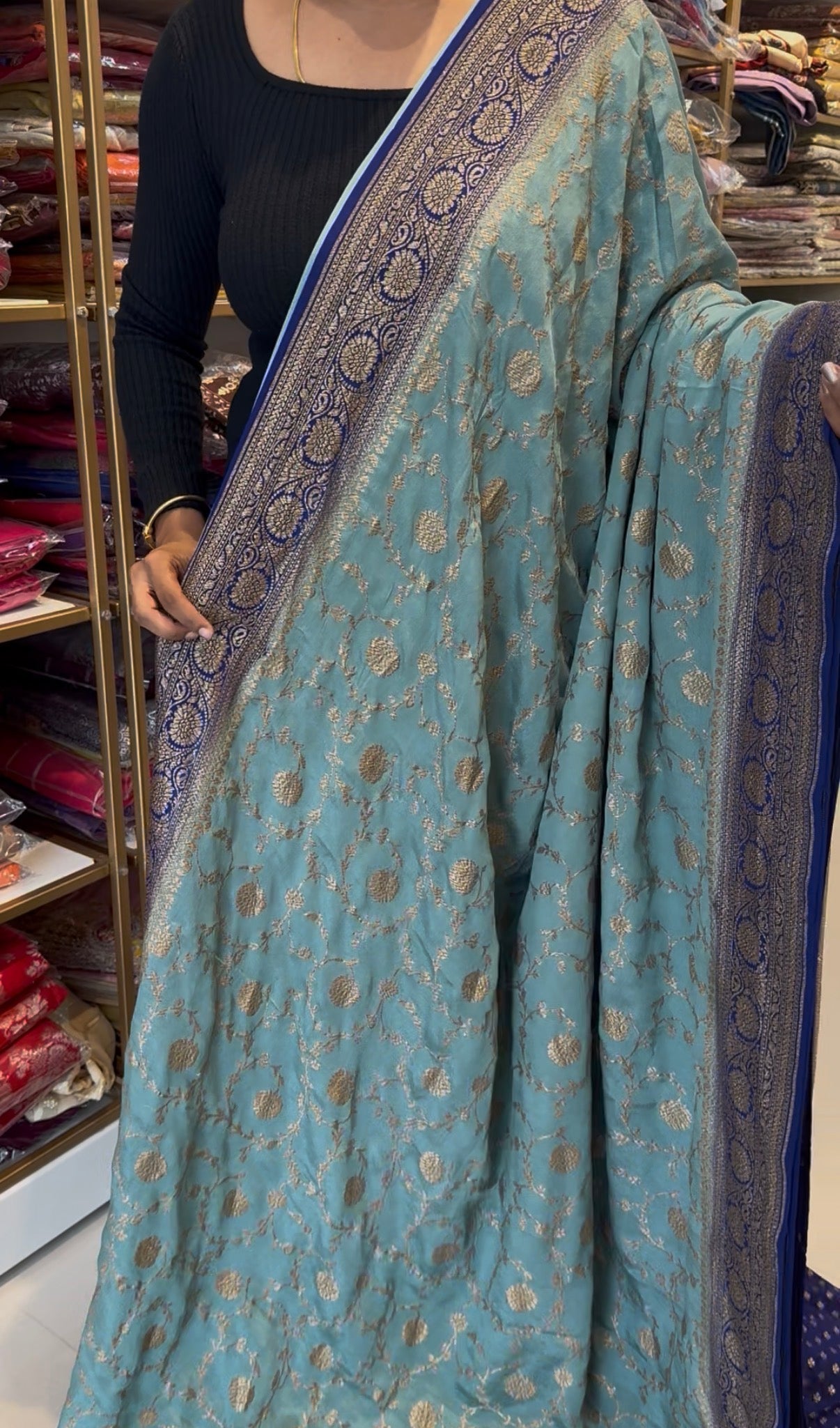 Aqua blue with royal blue pure crepe Banarasi saree(Aqua78)