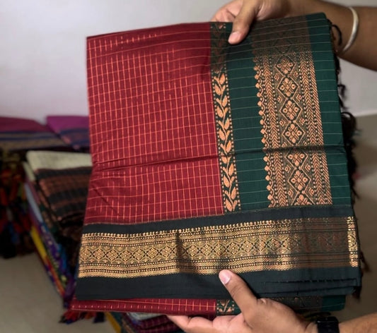 Red with bottle green colour Madhurai silk cotton saree
