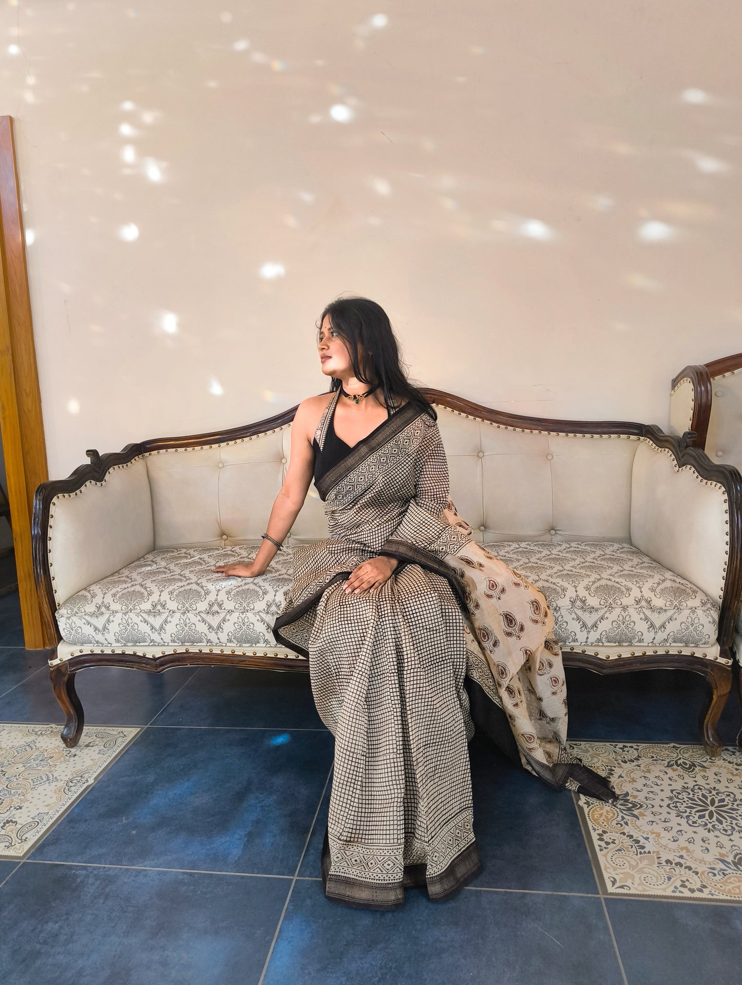Hand block print Maheshwari silk cotton saree
