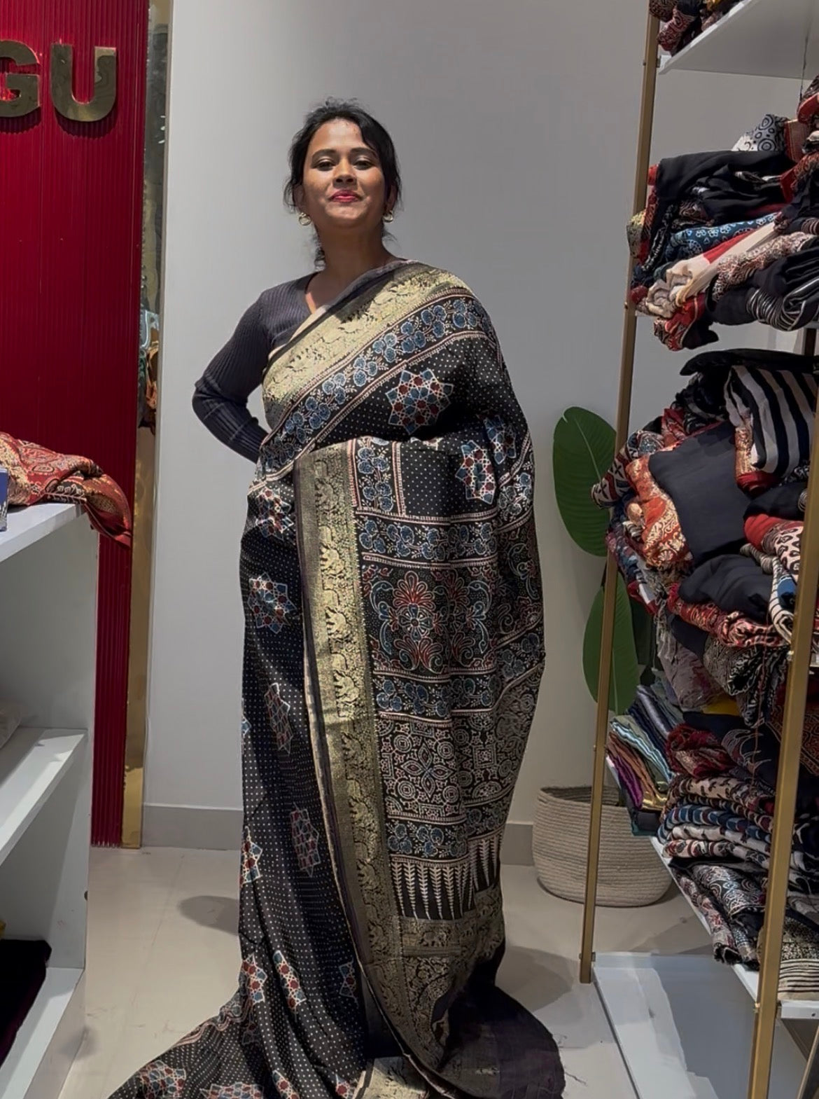 Dola Silk Saree with ajrakh hand block print