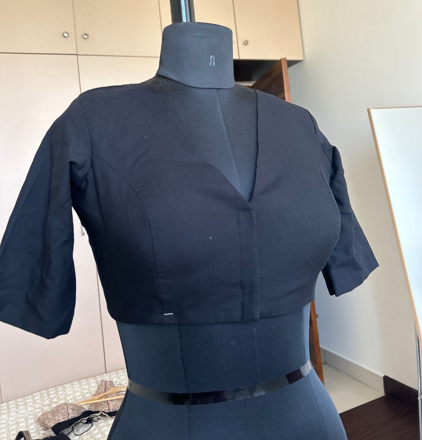 Black V-neck Raw Silk Blouse