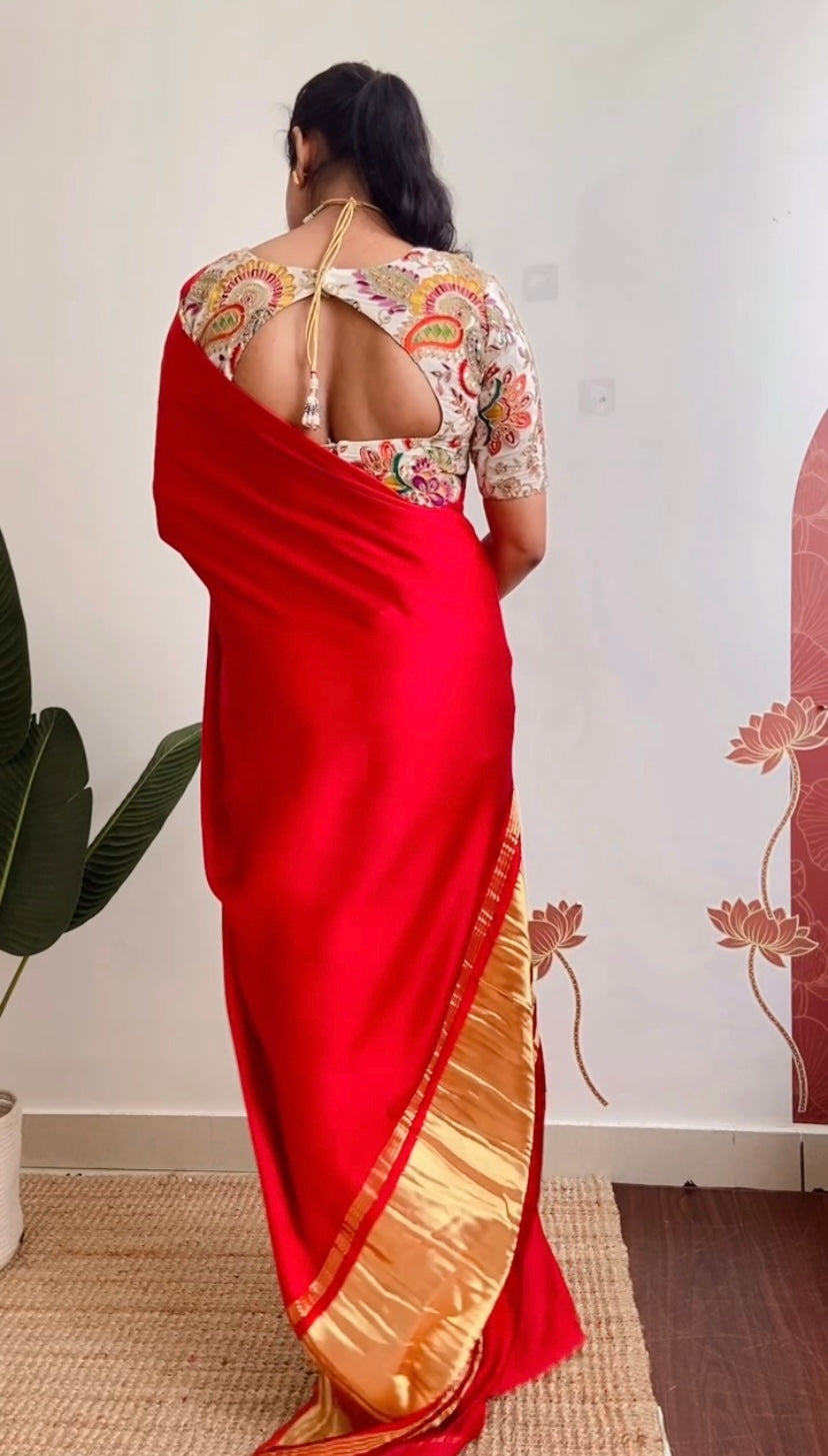 Red Pure modal silk saree with lagadi pallu with running blouse