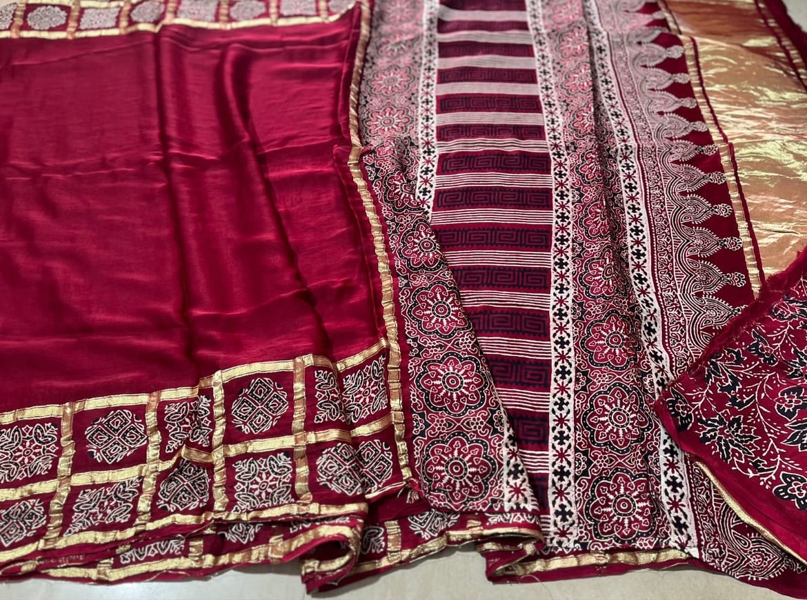 Bandhej ajrakh modal silk saree with lagadi pallu