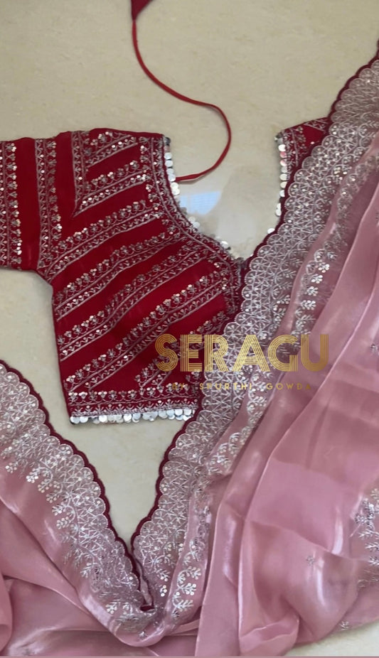 Premium satin organza saree with stitched blouse