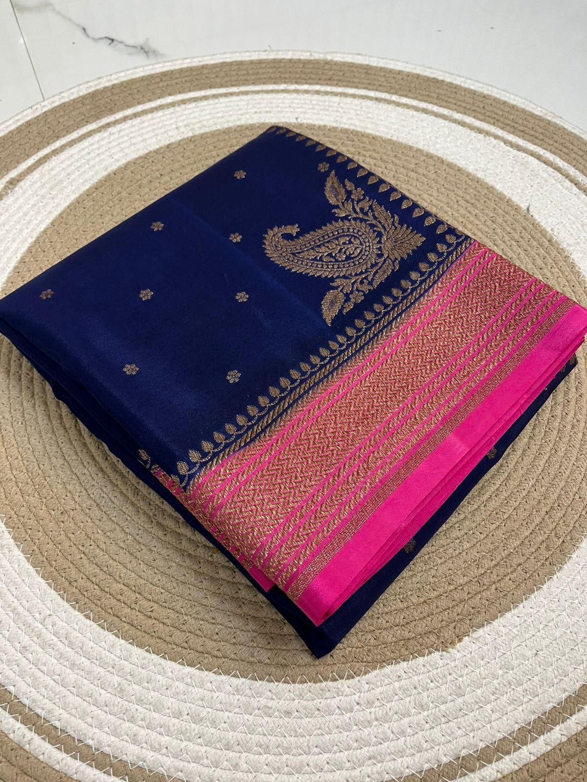 Blue with pink Pure Crepe chiffon banarasi saree