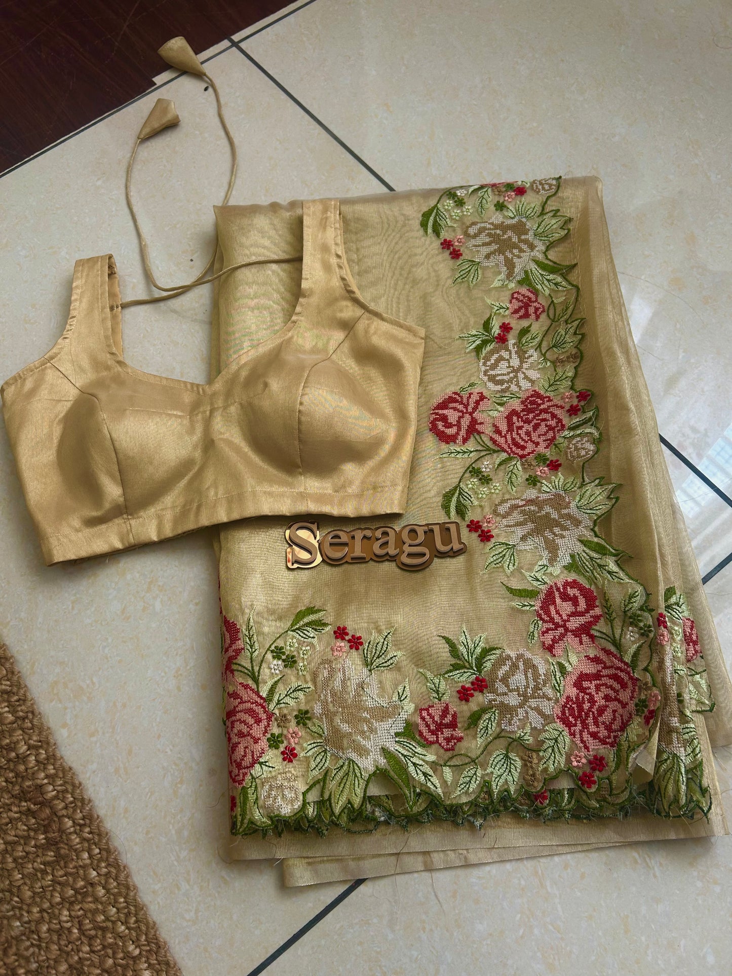 Cut work tissue silk saree with embroidery work