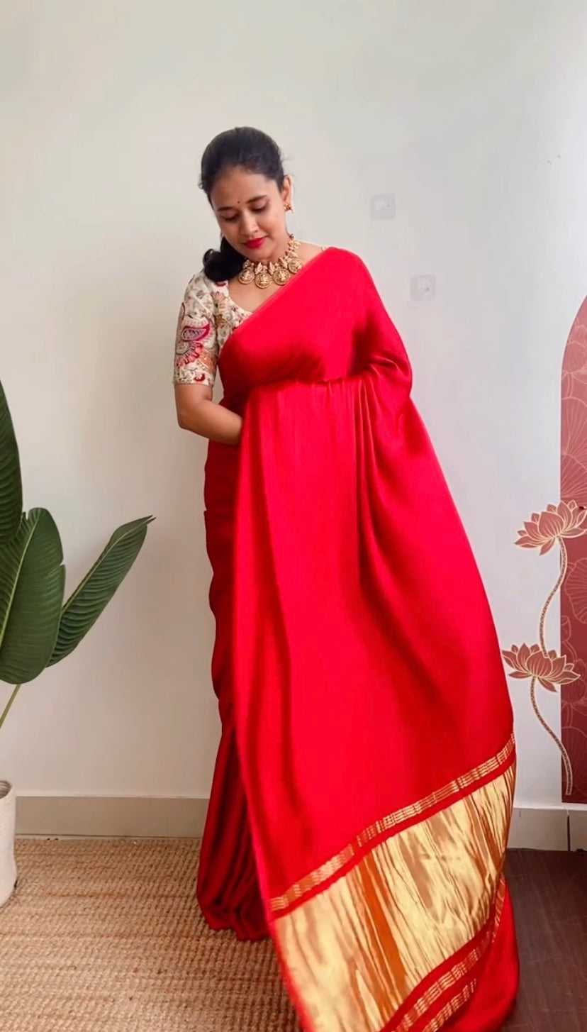 Red Pure modal silk saree with lagadi pallu with running blouse