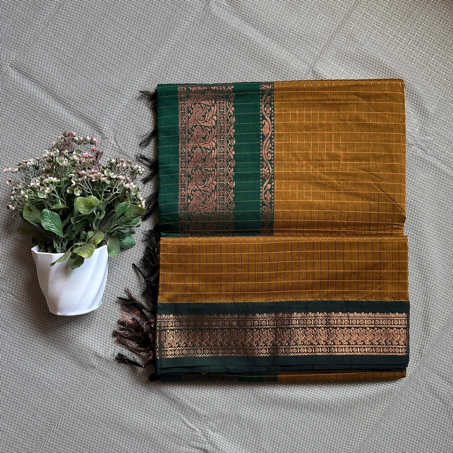 Mustard yellow with green cotton silk saree