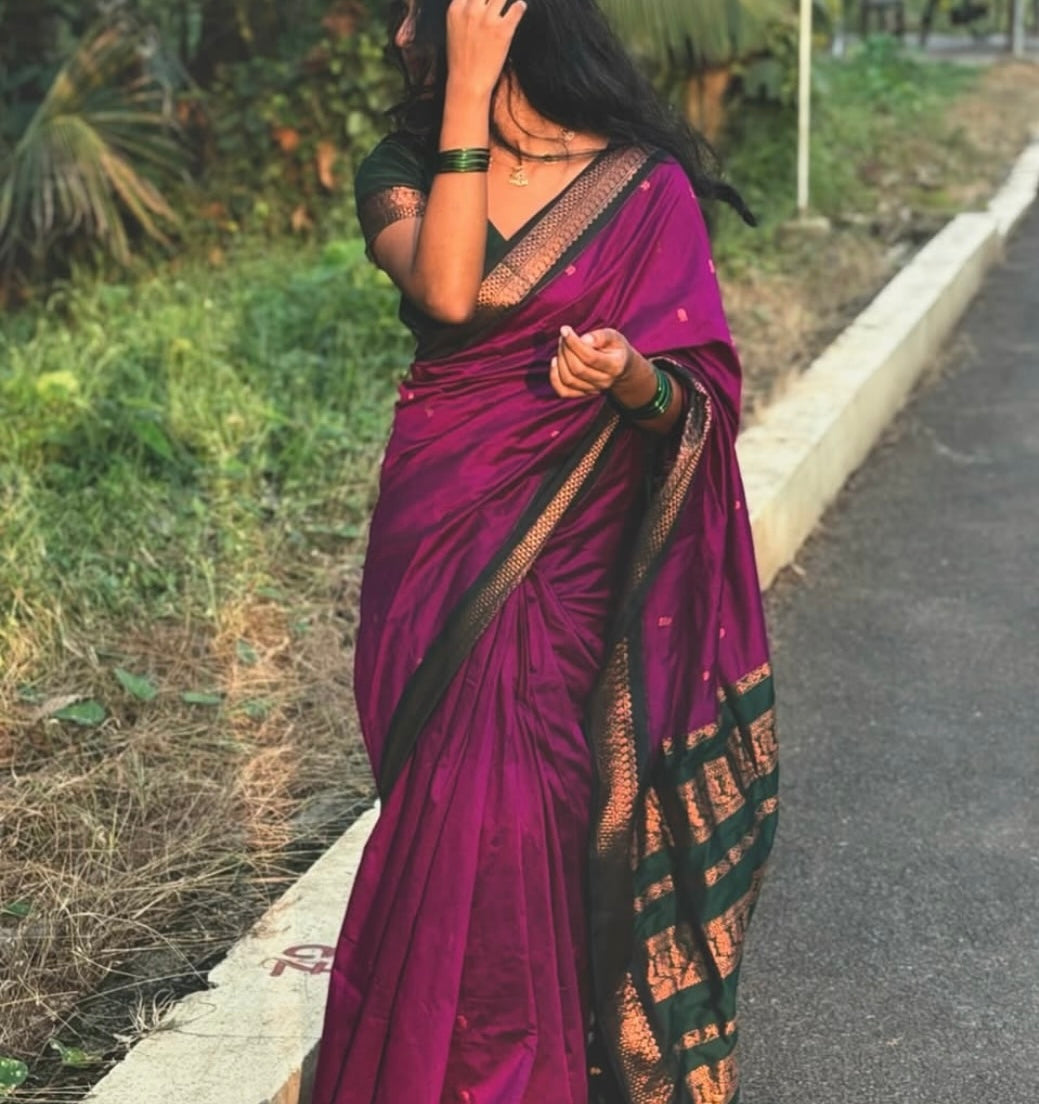 Pink with bottle green silk cotton saree