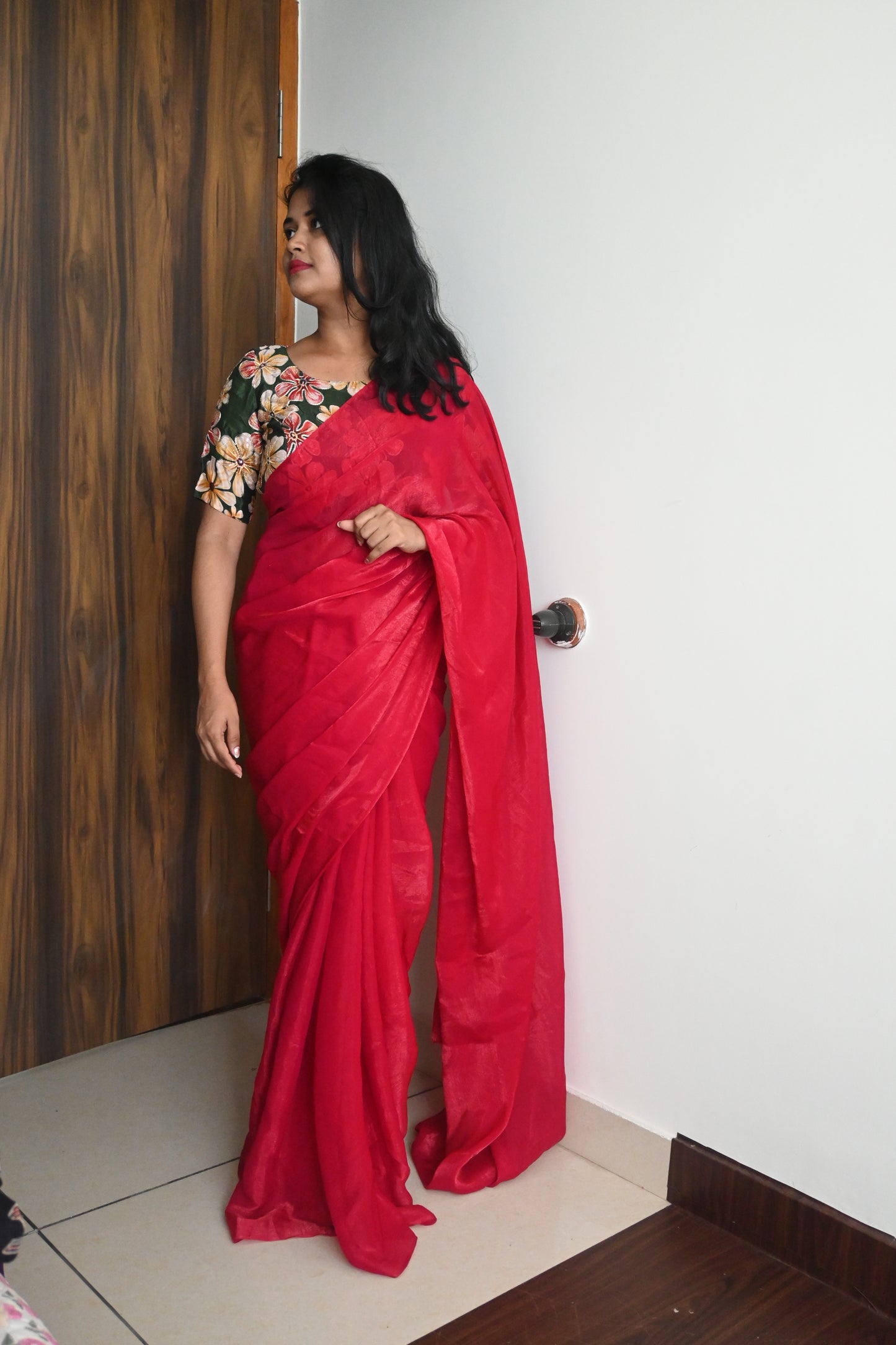 Red space silk saree with position embroidery blouse