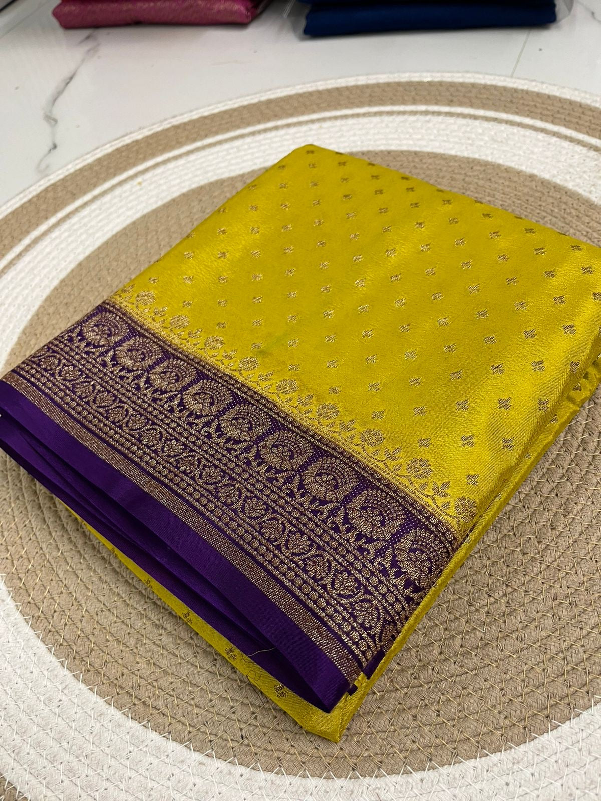 Yellow with purple pure Crepe chiffon banarasi saree