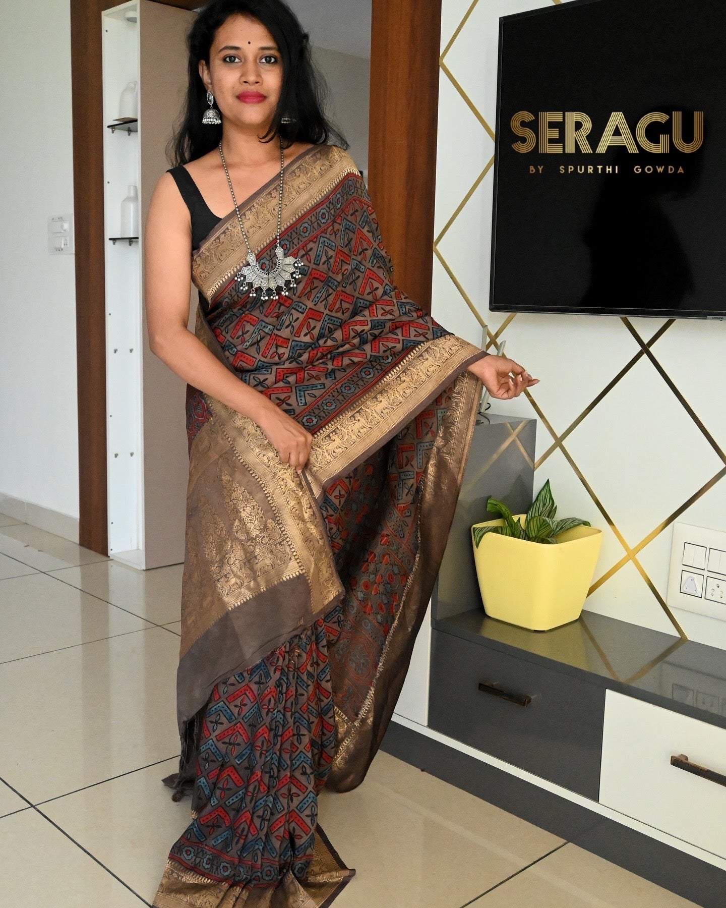 Ajrakh Dola Silk Saree