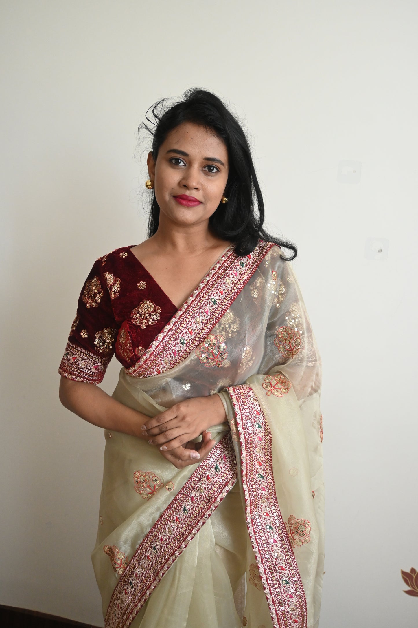 Designer organza saree with velvet blouse saree