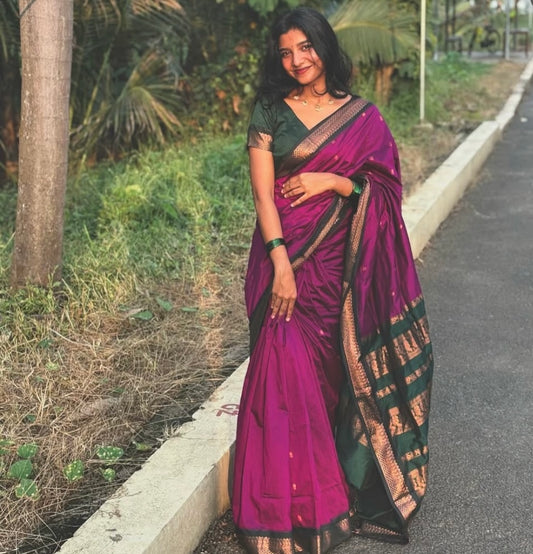 Pink with bottle green silk cotton saree