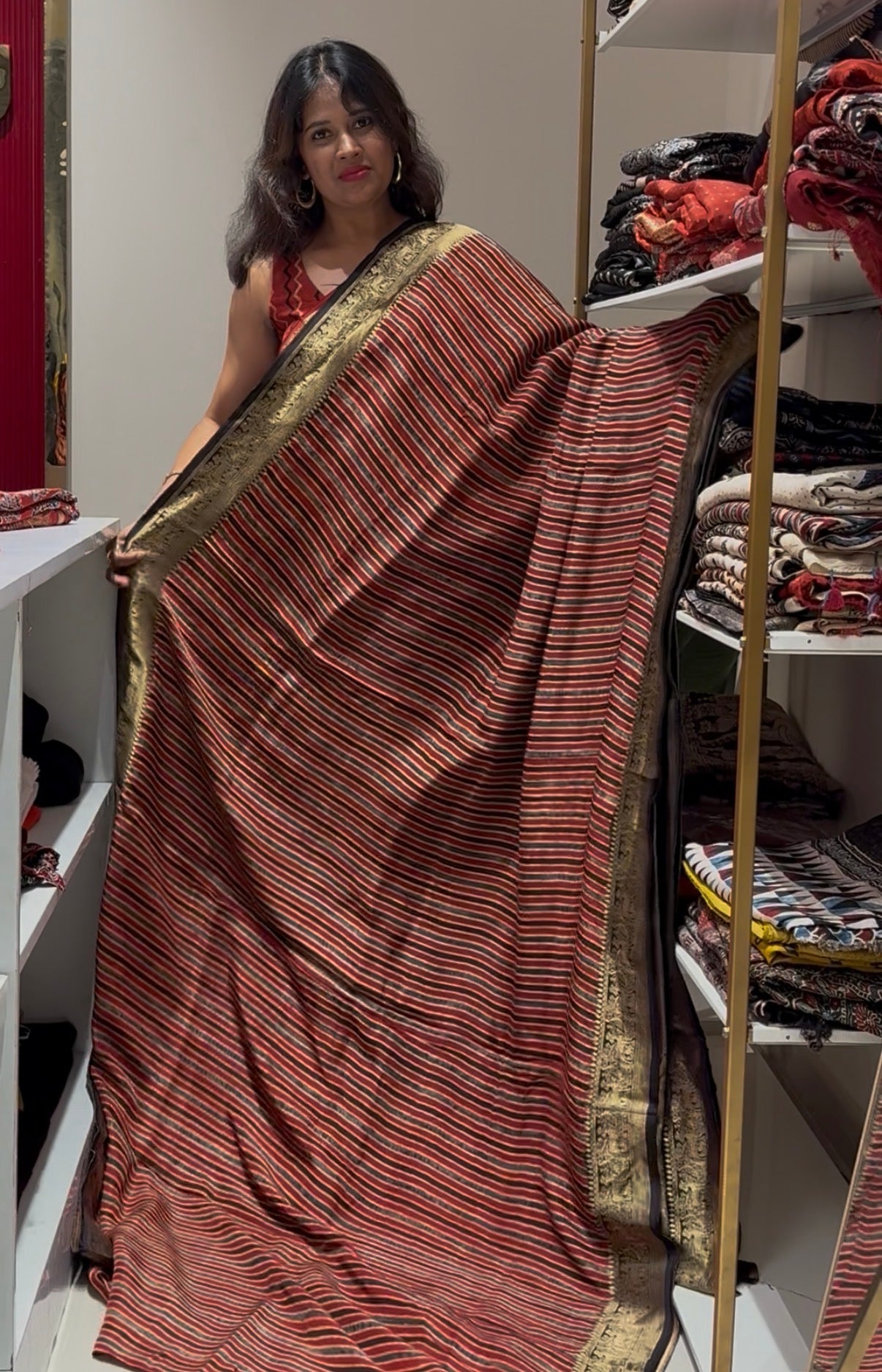 Dola Silk Saree with ajrakh hand block print