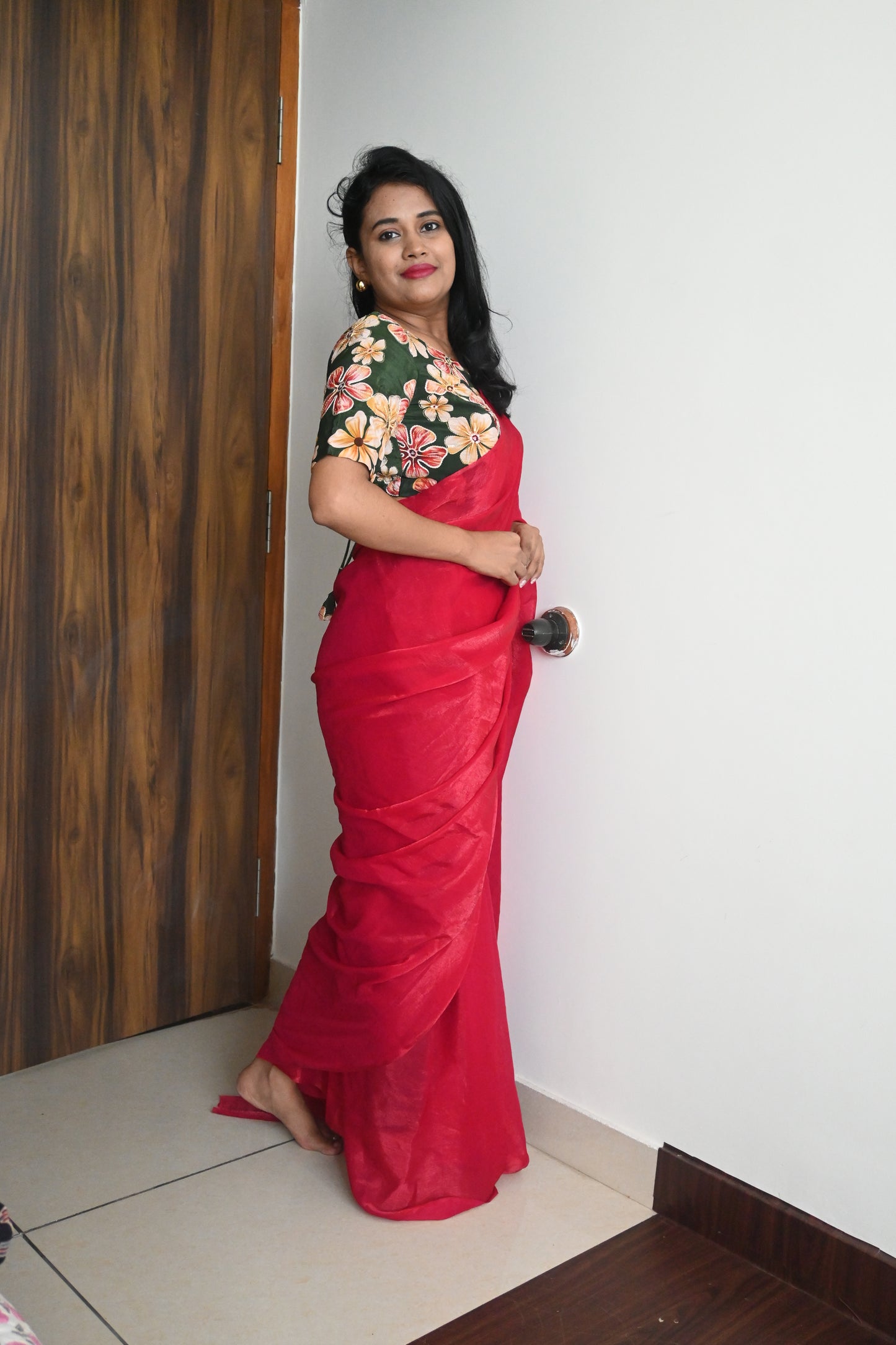 Red space silk saree with position embroidery blouse