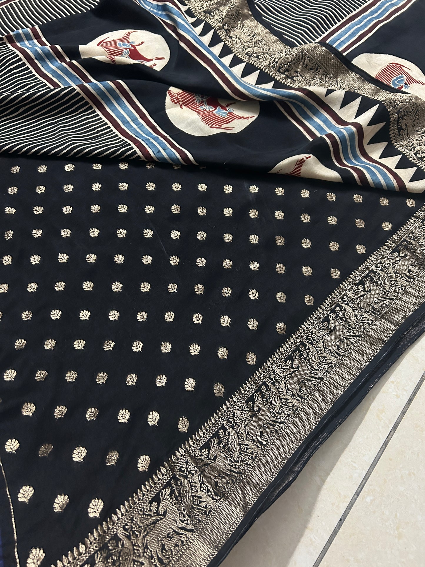 Mokshitha Pure Ajrakh Dola Silk Saree