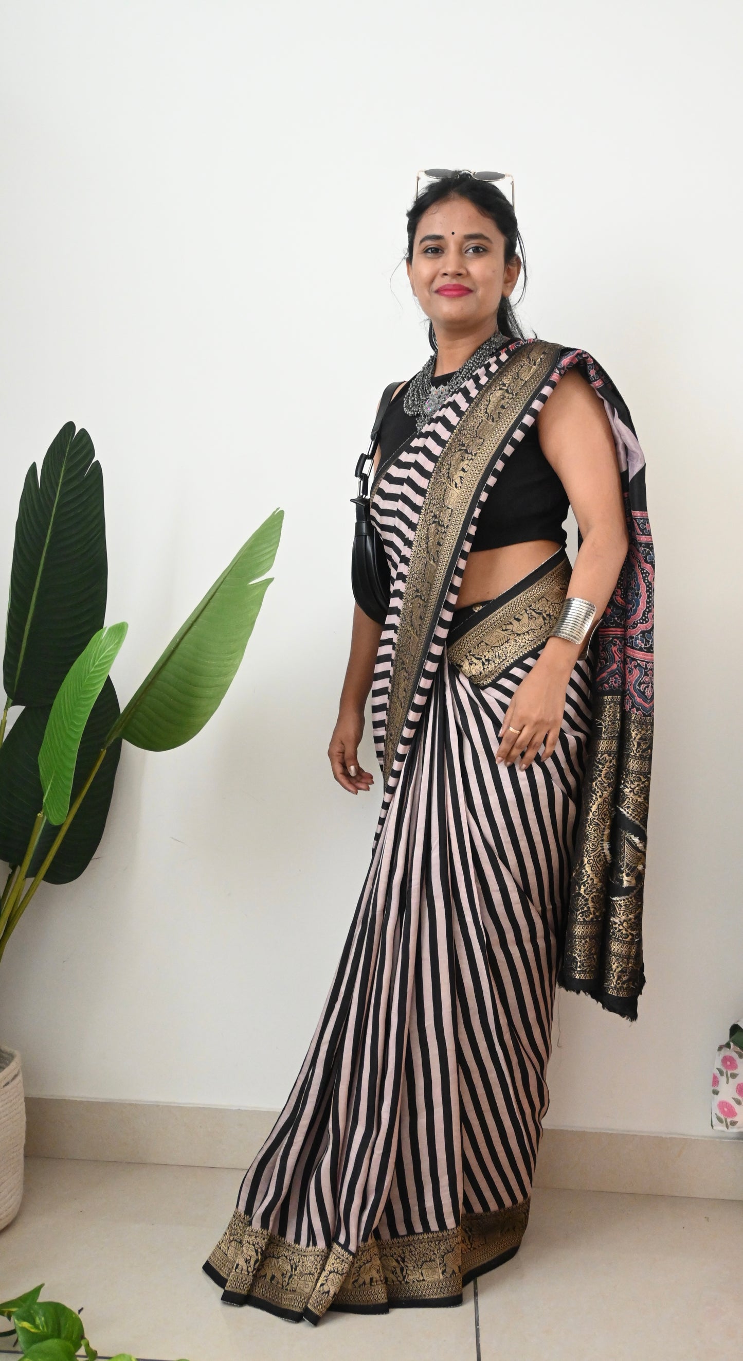 Black and white Dola silk saree
