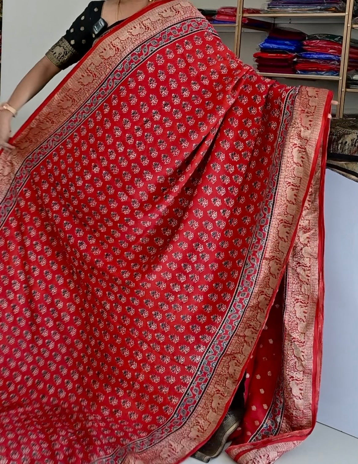 Premium Red Flower Dola Silk Saree