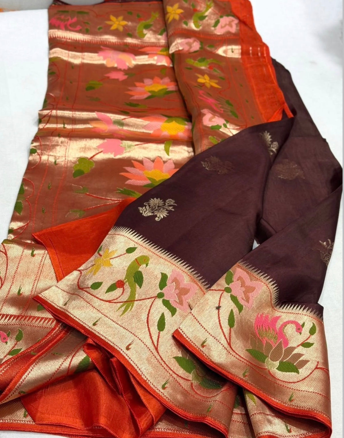 Brown with orange Paithani contrast Viscose Crepe silk saree(SBSGPVC)