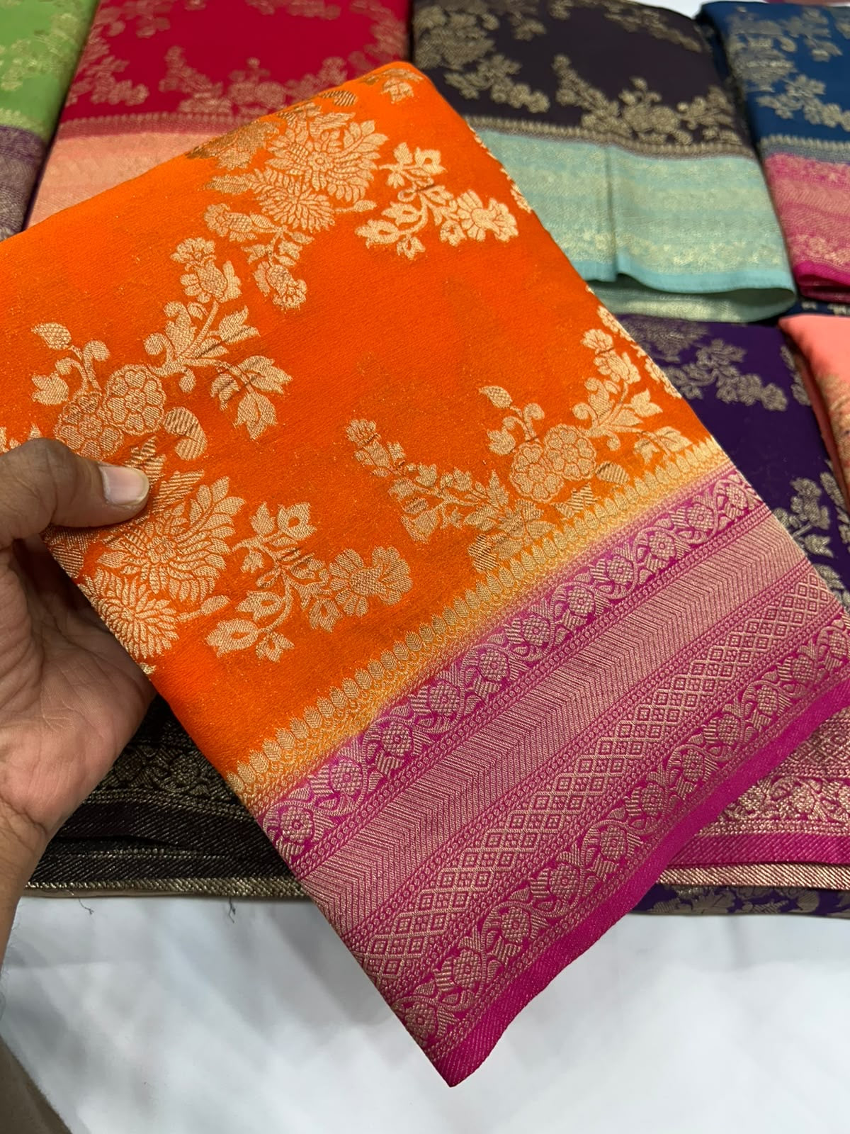 Orange with pink crushed Georgette saree
