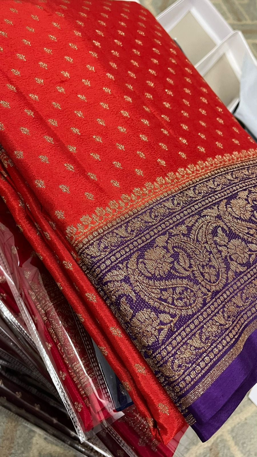 Orange With Purple Pure Crepe chiffon banarasi saree