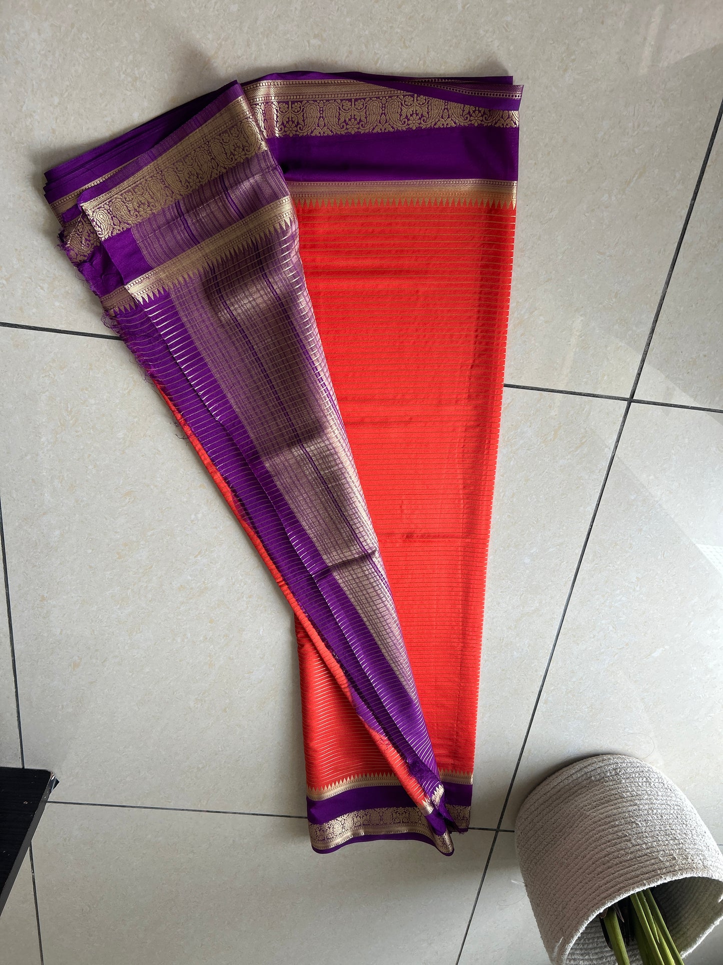 Orange with purple Mysore crepe silk sarees