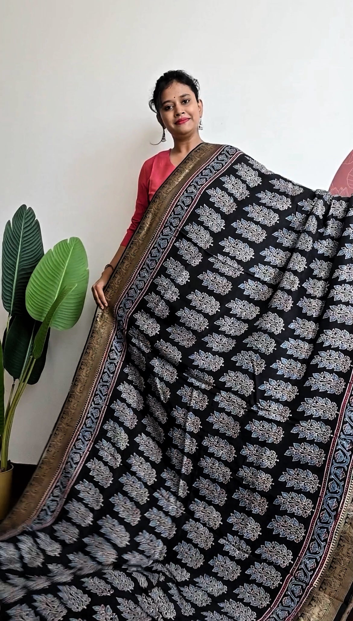 Pure Dola silk saree with ajrakh hand block print