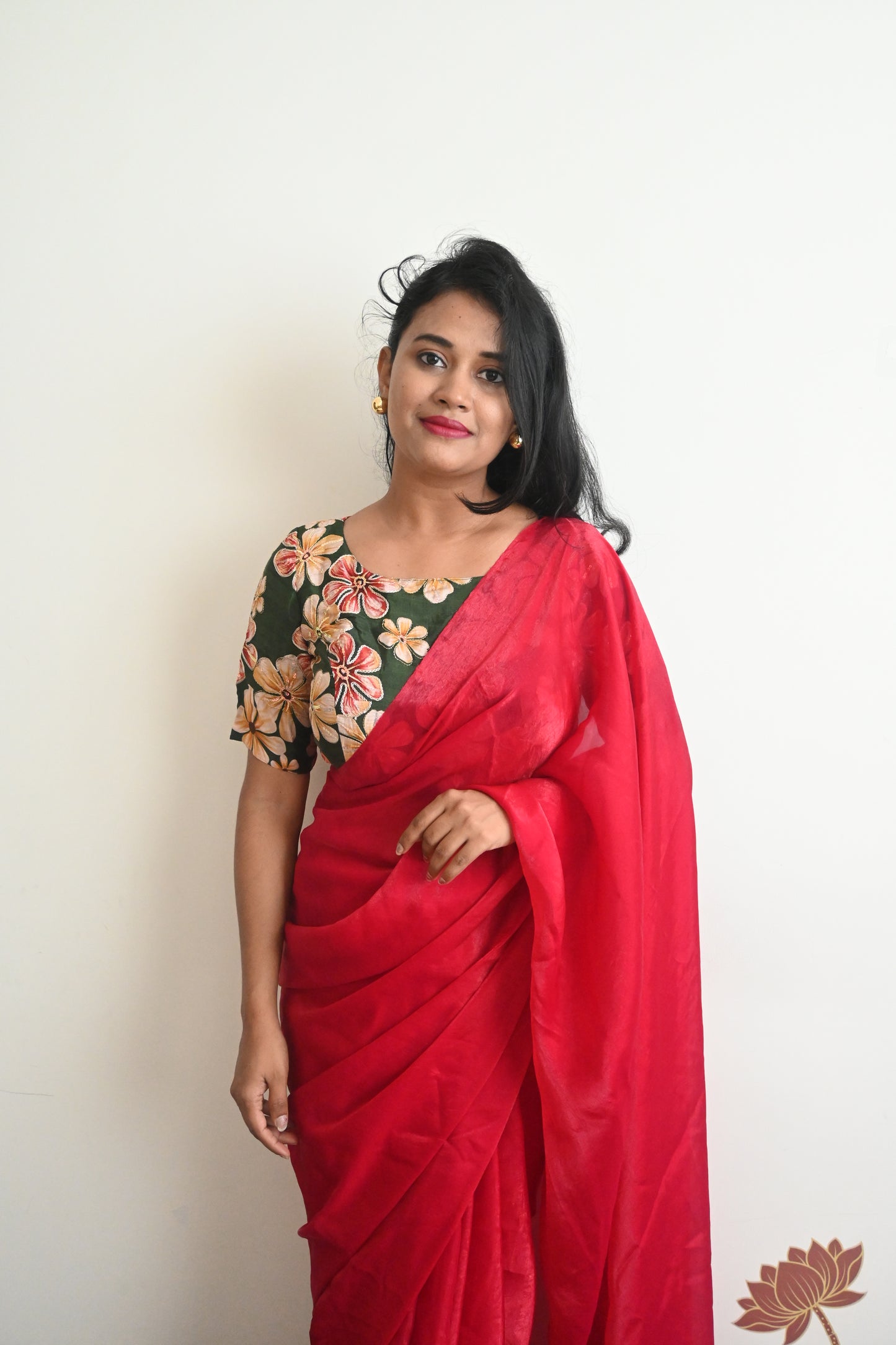 Red space silk saree with position embroidery blouse