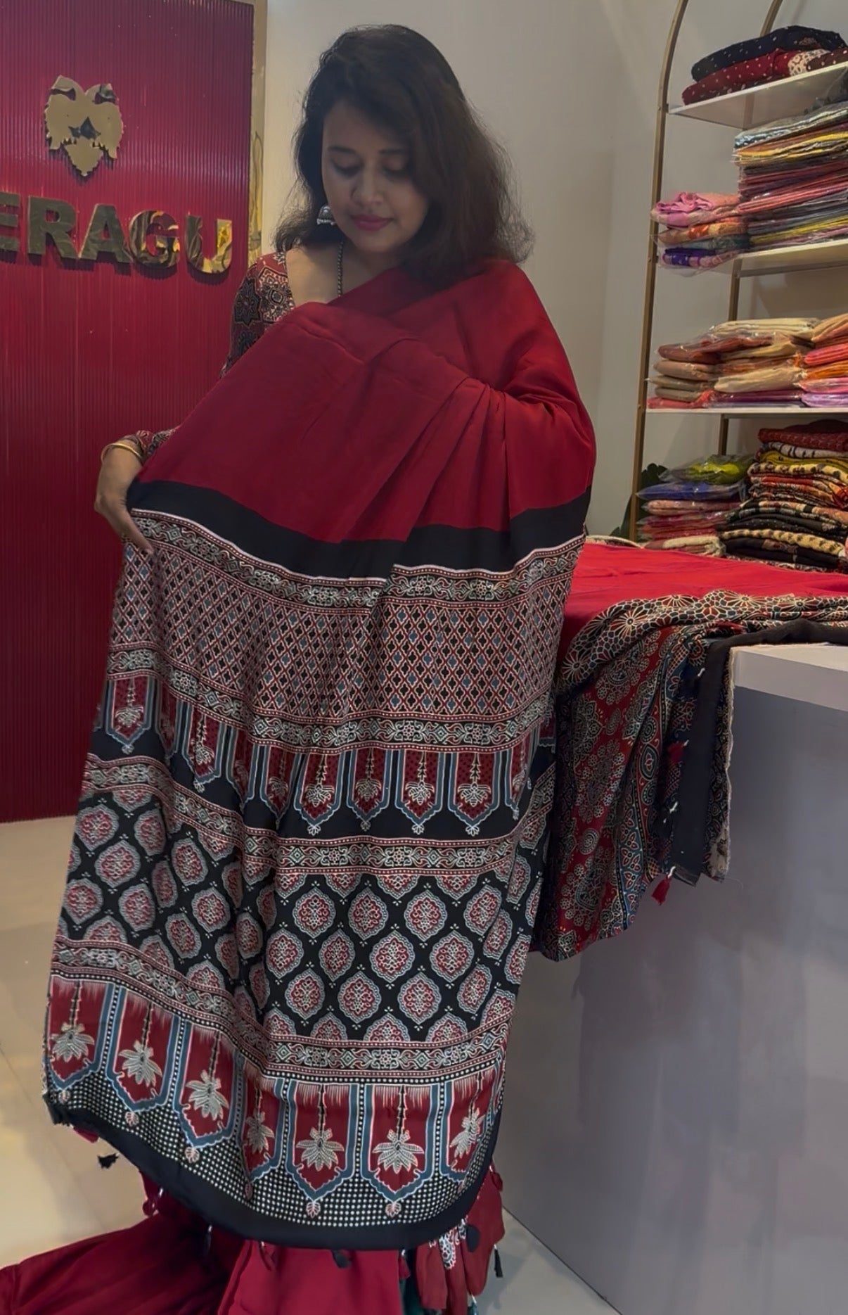 pure modal silk saree with ajrakh hand block print pallu and blouse