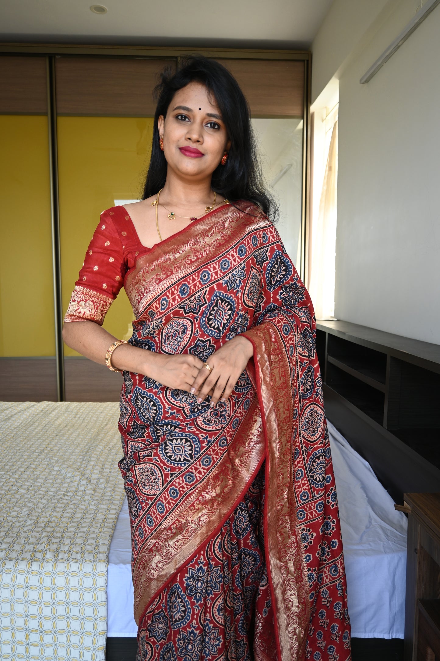 Ajrakh Dola Silk Saree