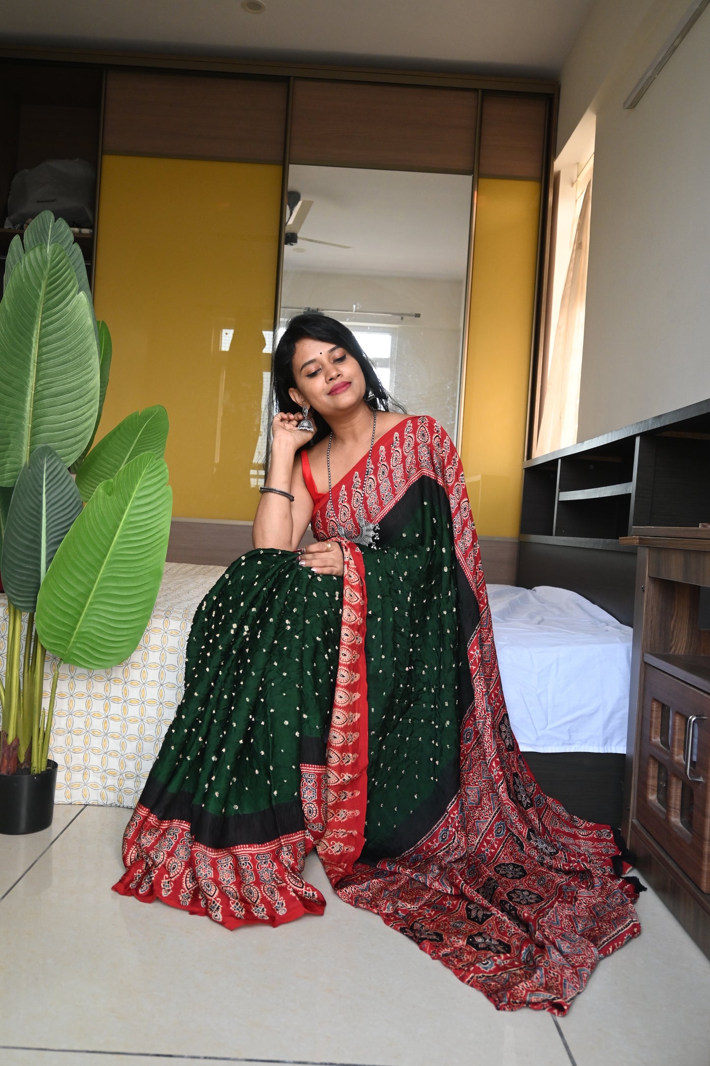 Anu Prabhakar Original hand knot Bandhej ajrakh modal silk saree