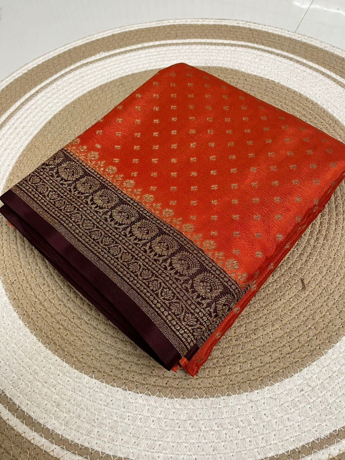 Rust orange with Brown Pure Crepe chiffon banarasi saree