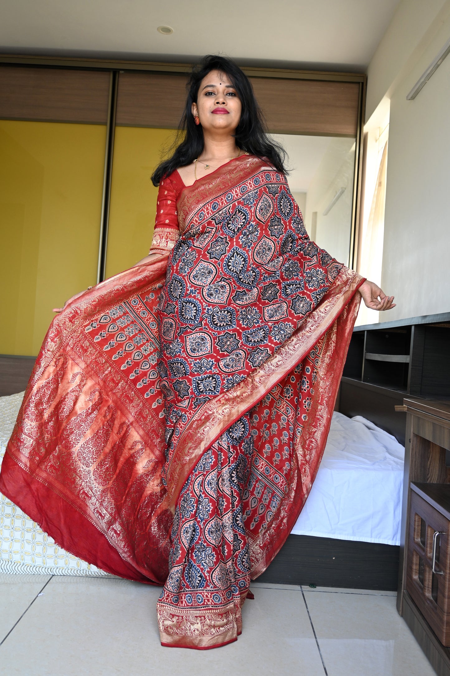 Ajrakh Dola Silk Saree
