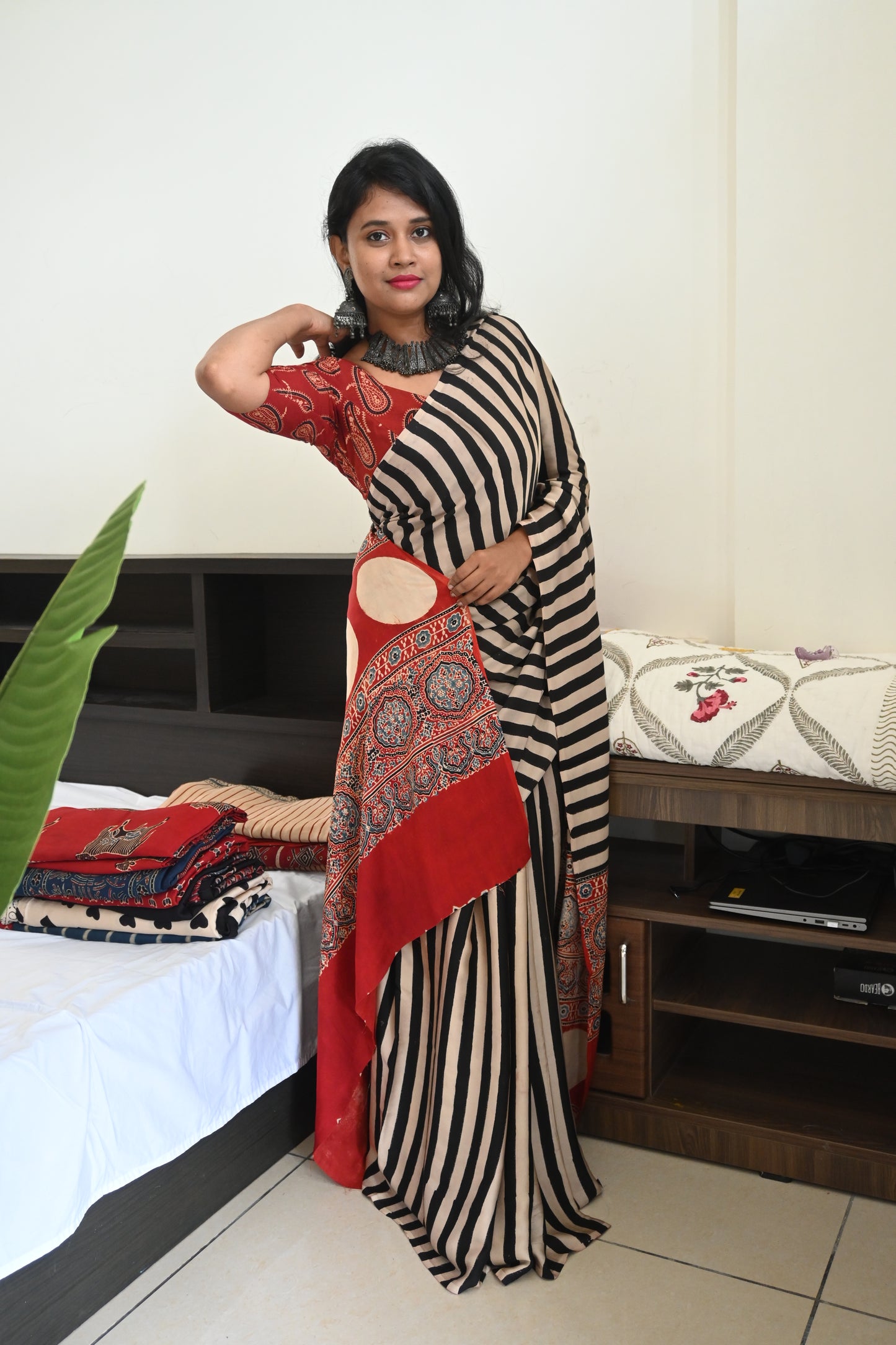 Pure modal silk saree in black and white stripes