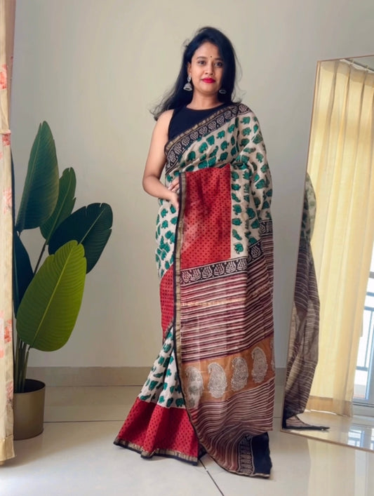 Maheshwari silk cotton hand block print saree