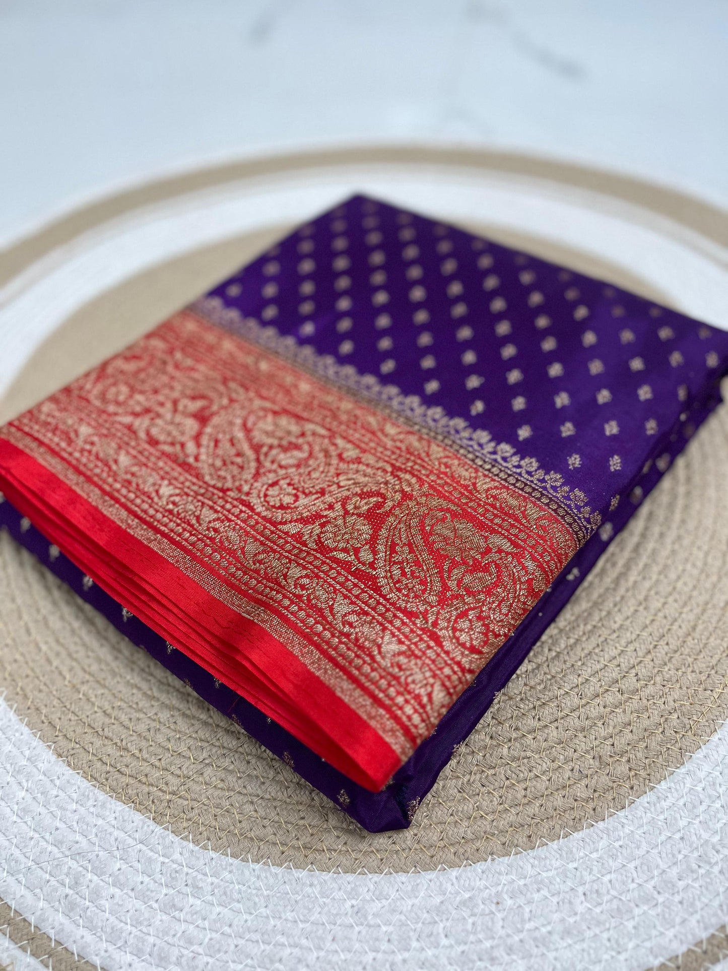 Purple with Red Pure Crepe chiffon banarasi saree