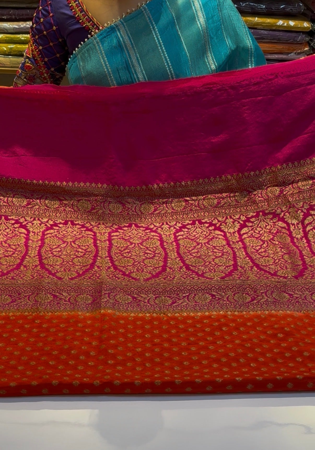Orange with pink Pure crepe Banarasi Saree