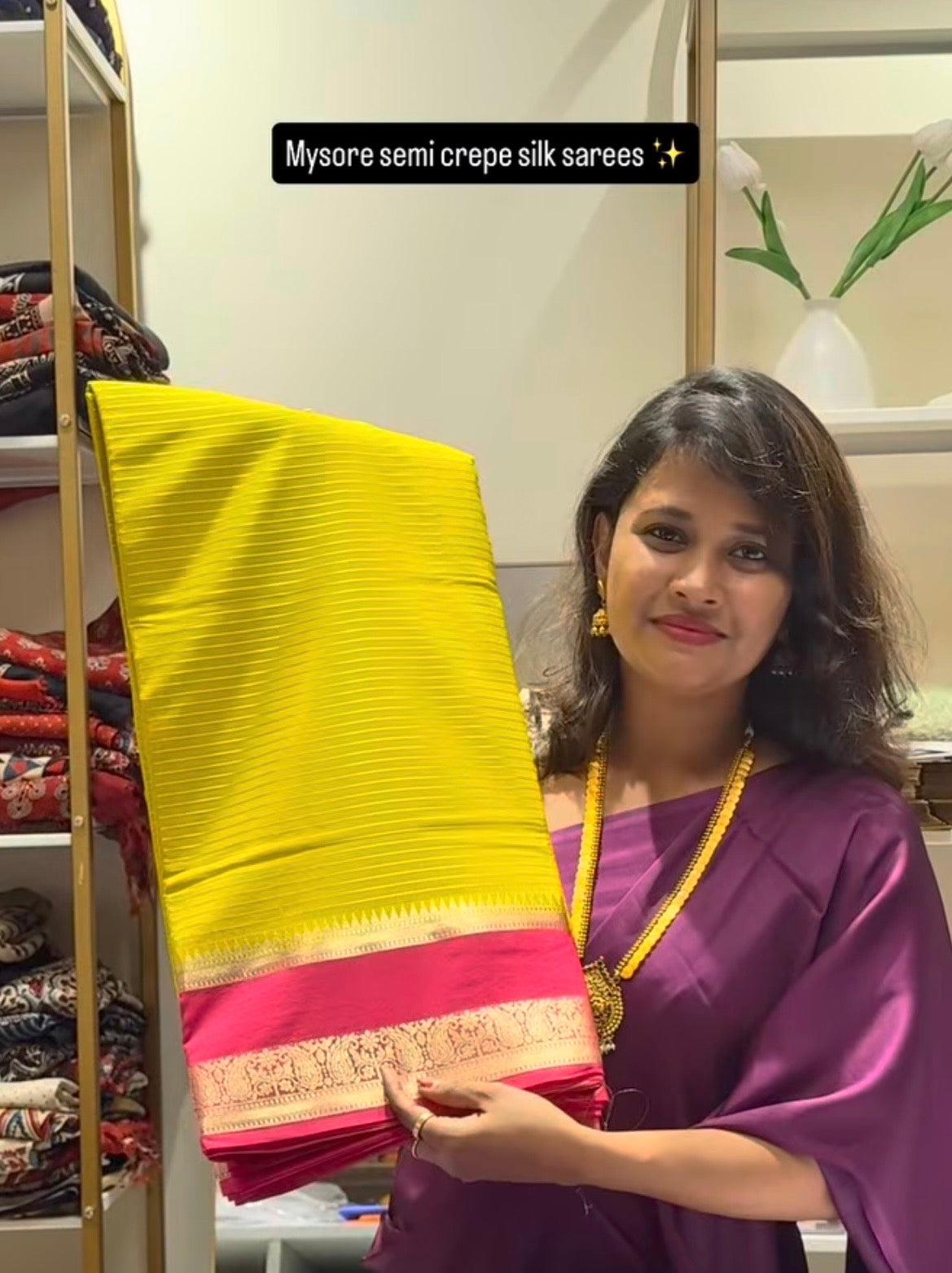 Yellow with pink semi mysore crepe silk saree