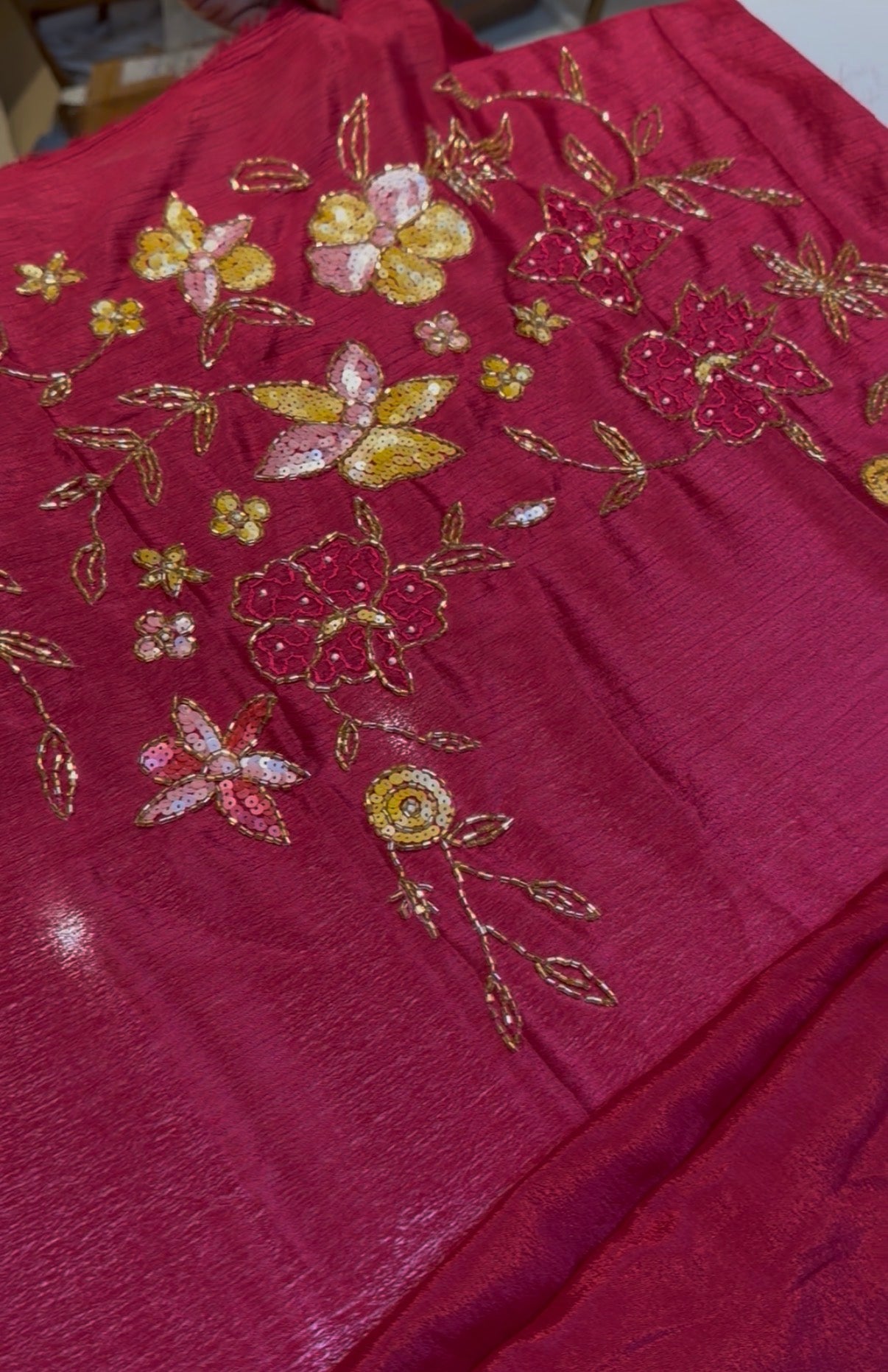 Pinkish red hand work designer saree