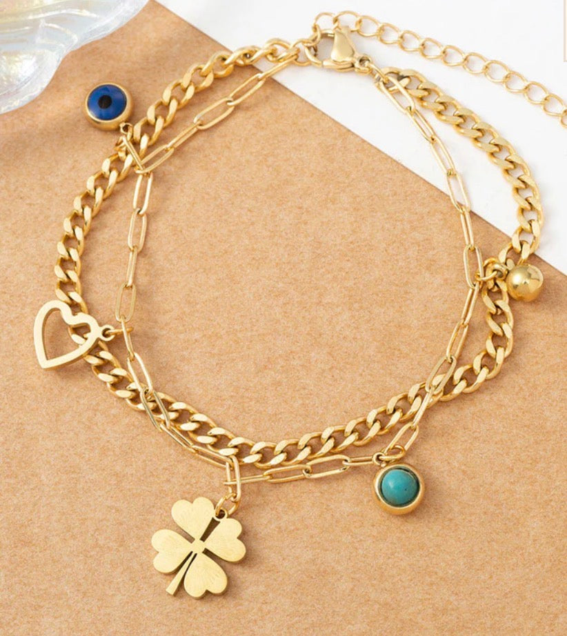 Anti Tarnish Clover Themed Evil Eye Wraparound Bracelet