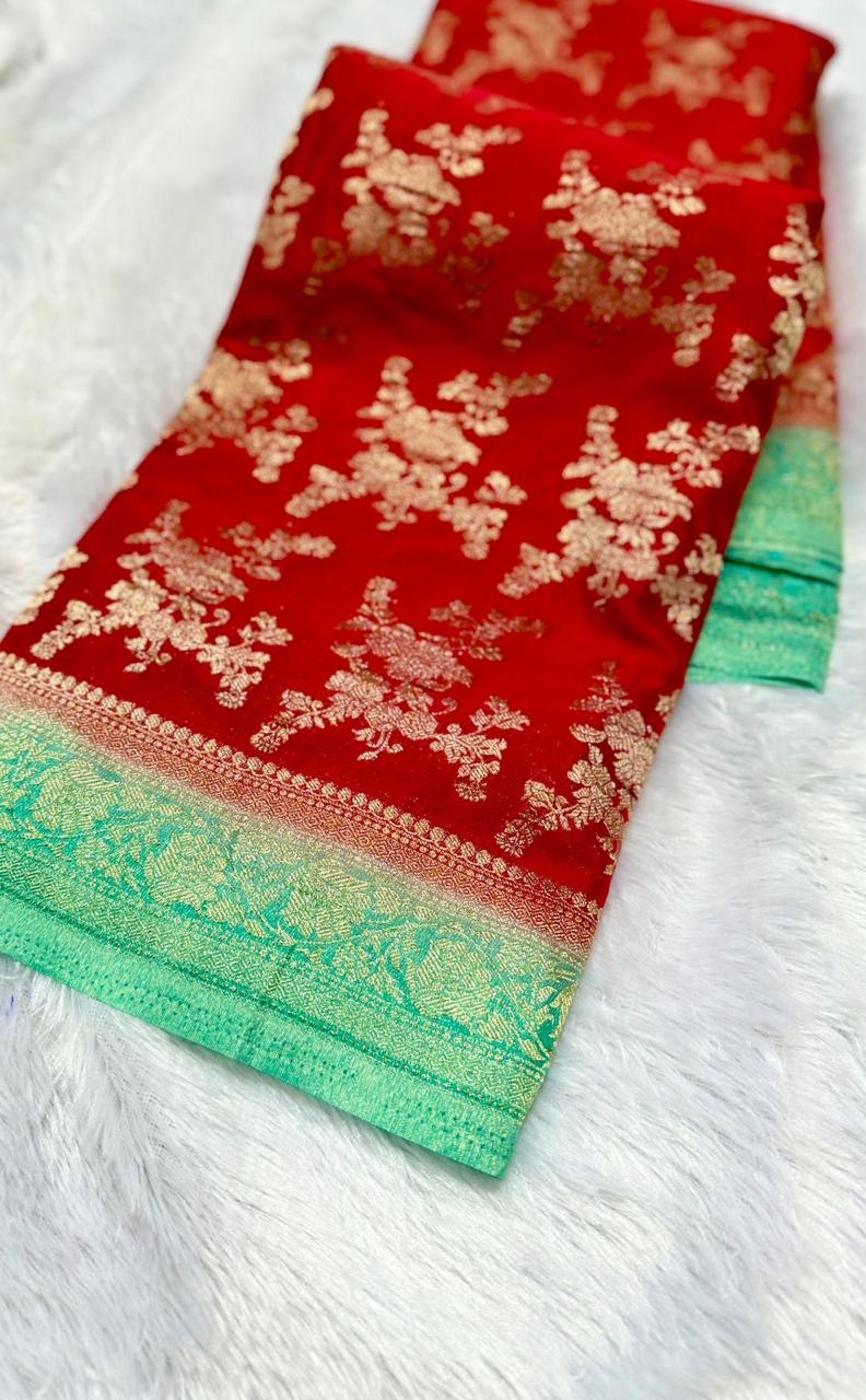 Red with green Premium Georgette Saree