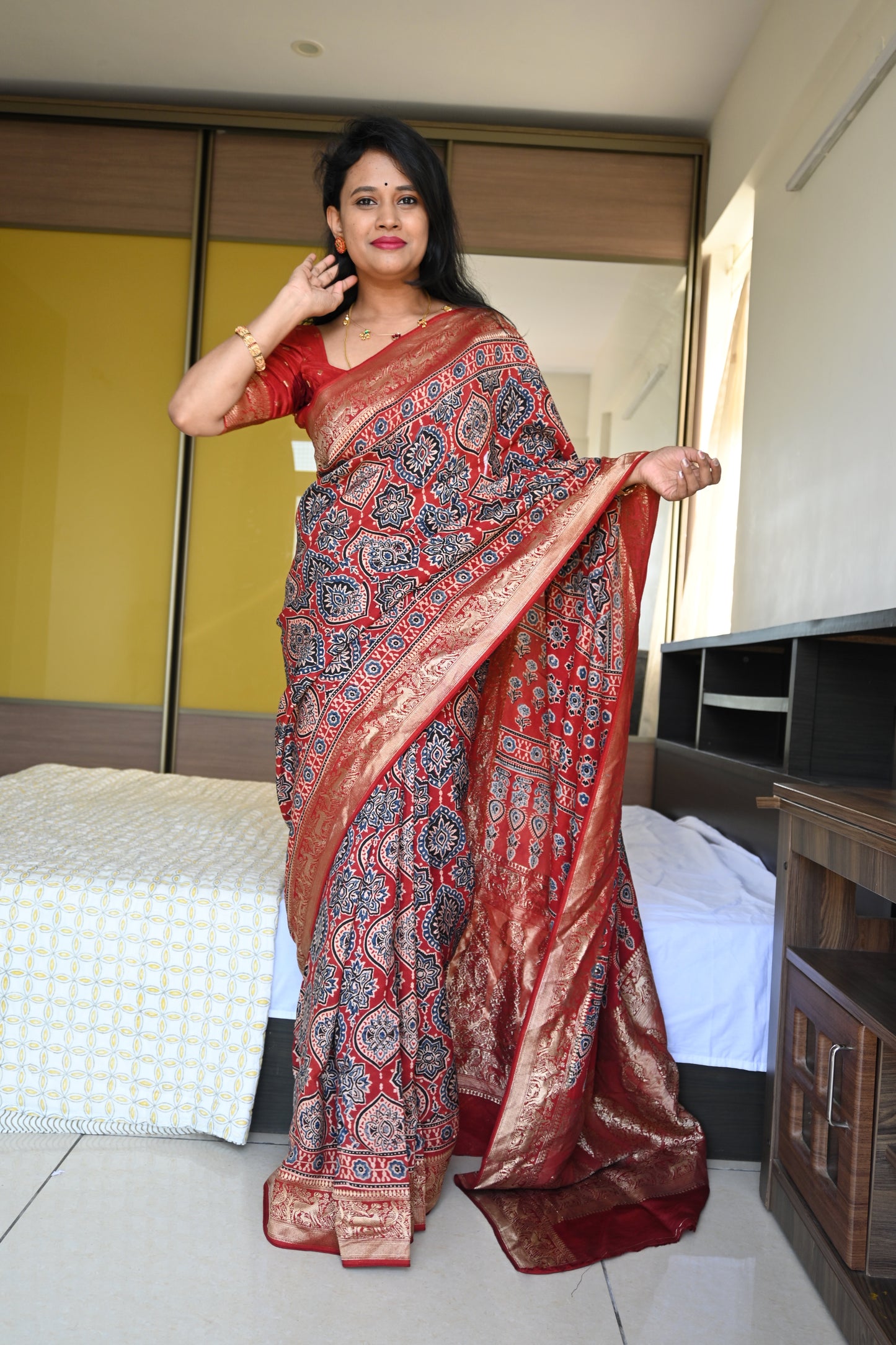Ajrakh Dola Silk Saree