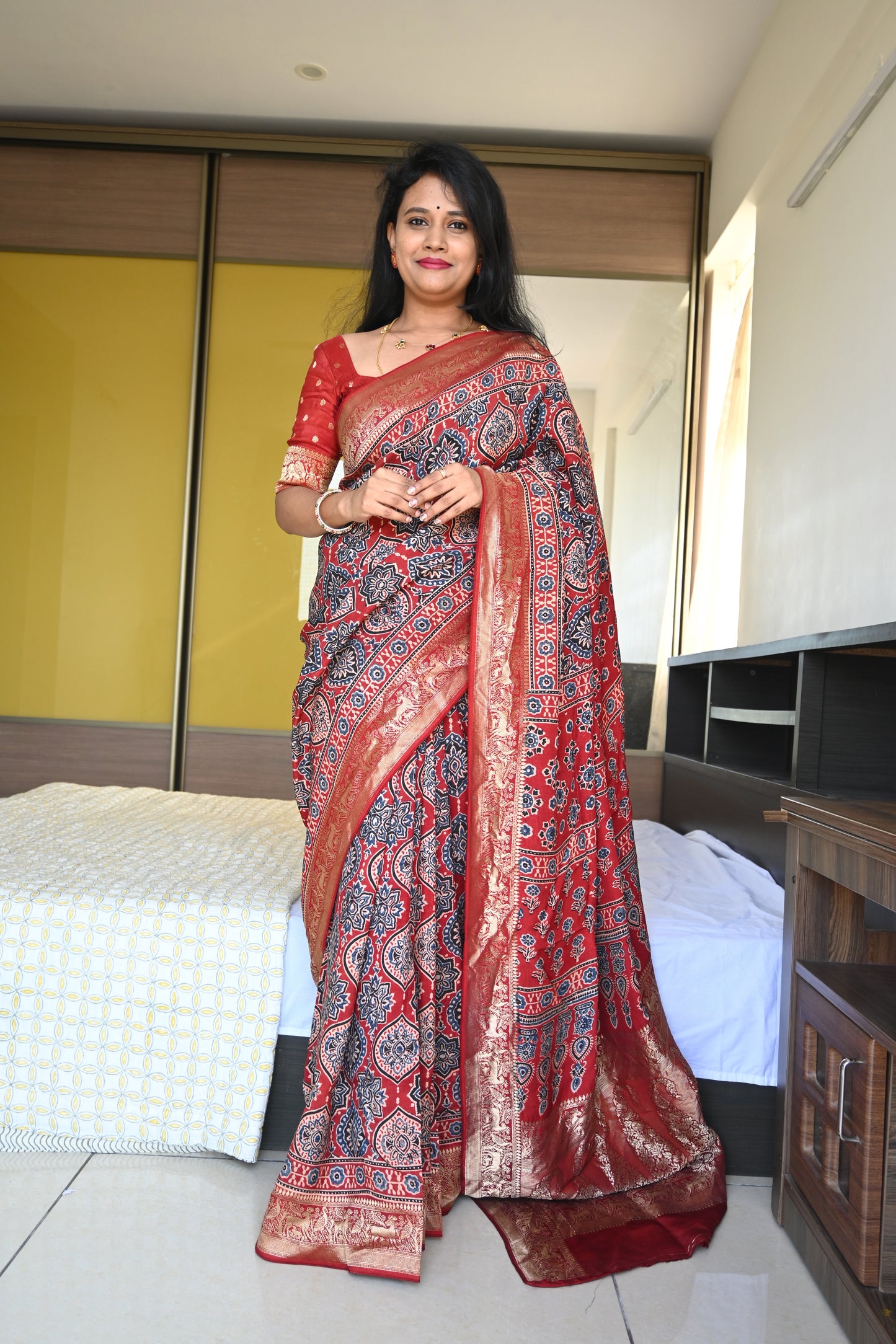 Ajrakh Dola Silk Saree