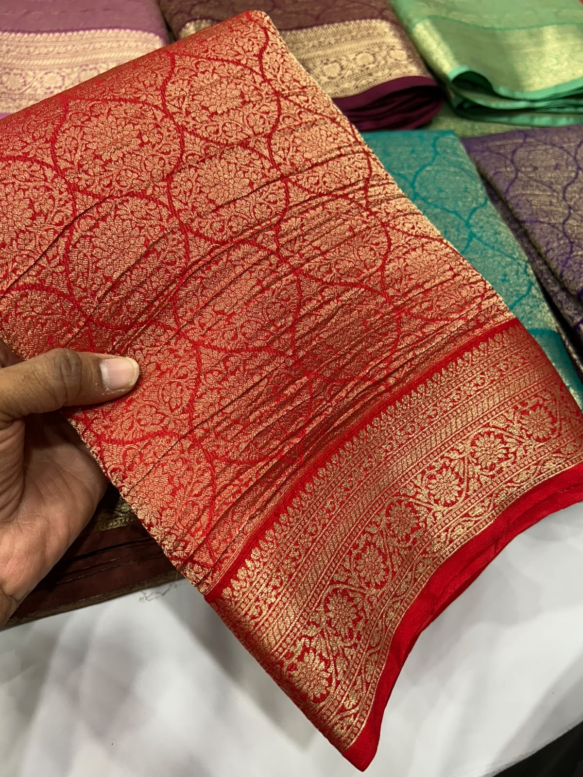 Red premium wrinkle Chinnon brocade saree
