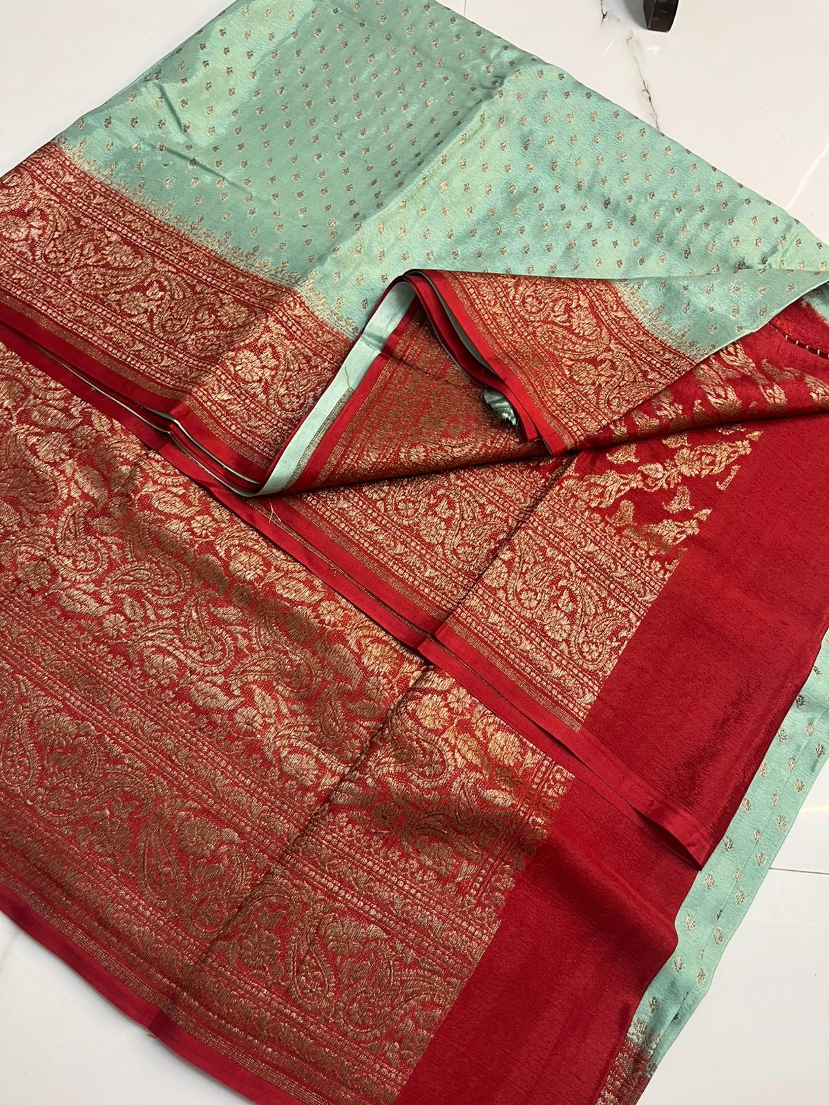 Mint Green With Red Pure Crepe chiffon banarasi saree