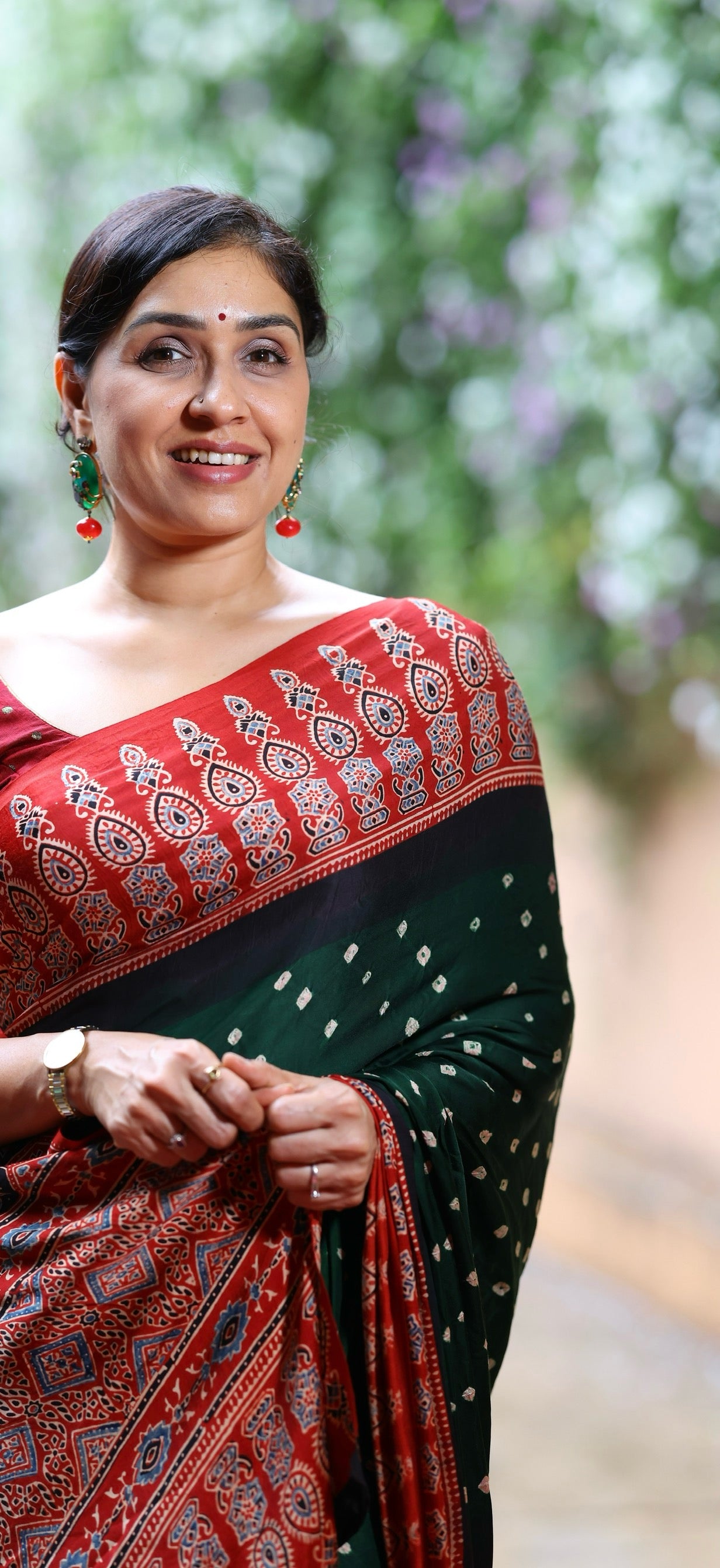Anu Prabhakar Original hand knot Bandhej ajrakh modal silk saree