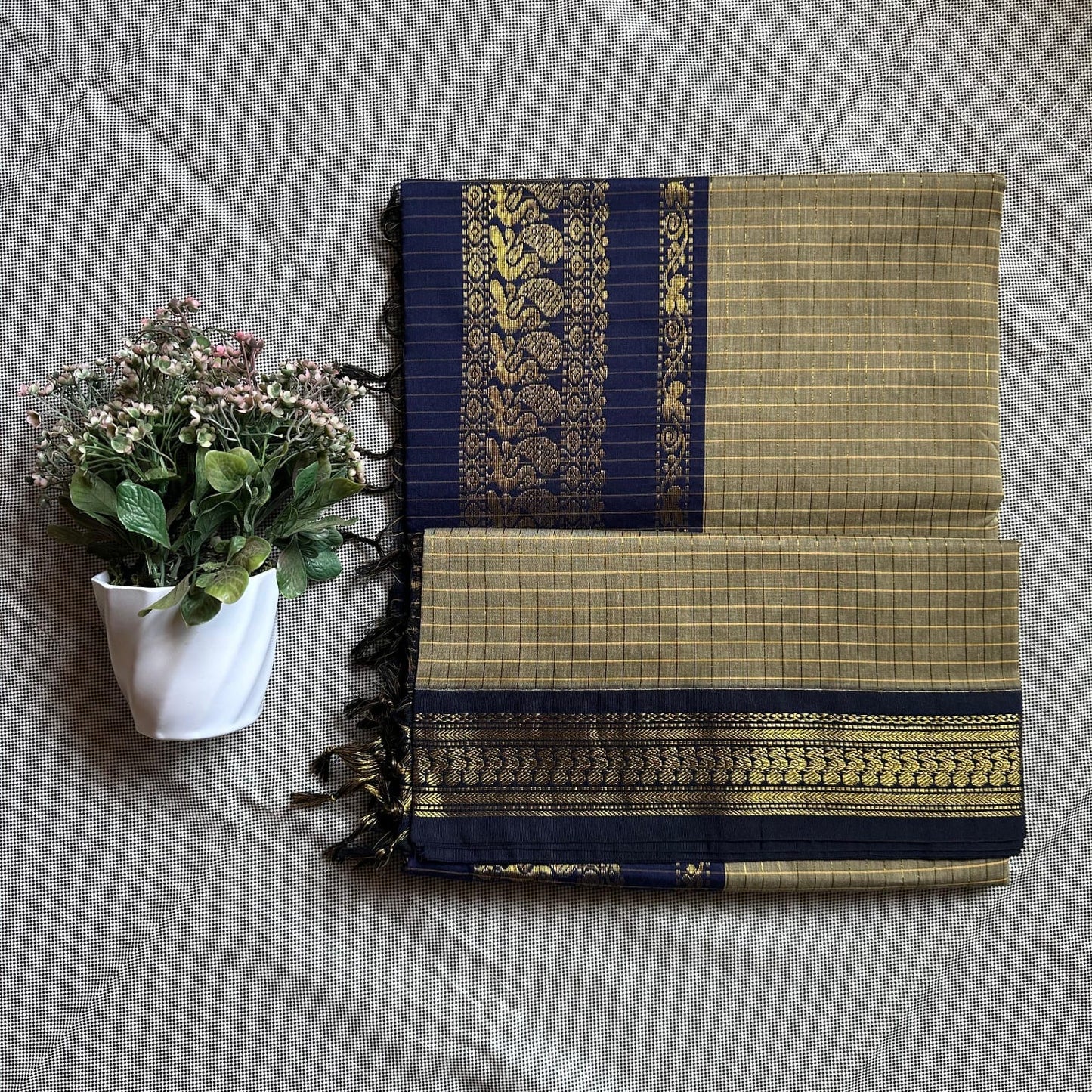 Cream with blue cotton silk saree
